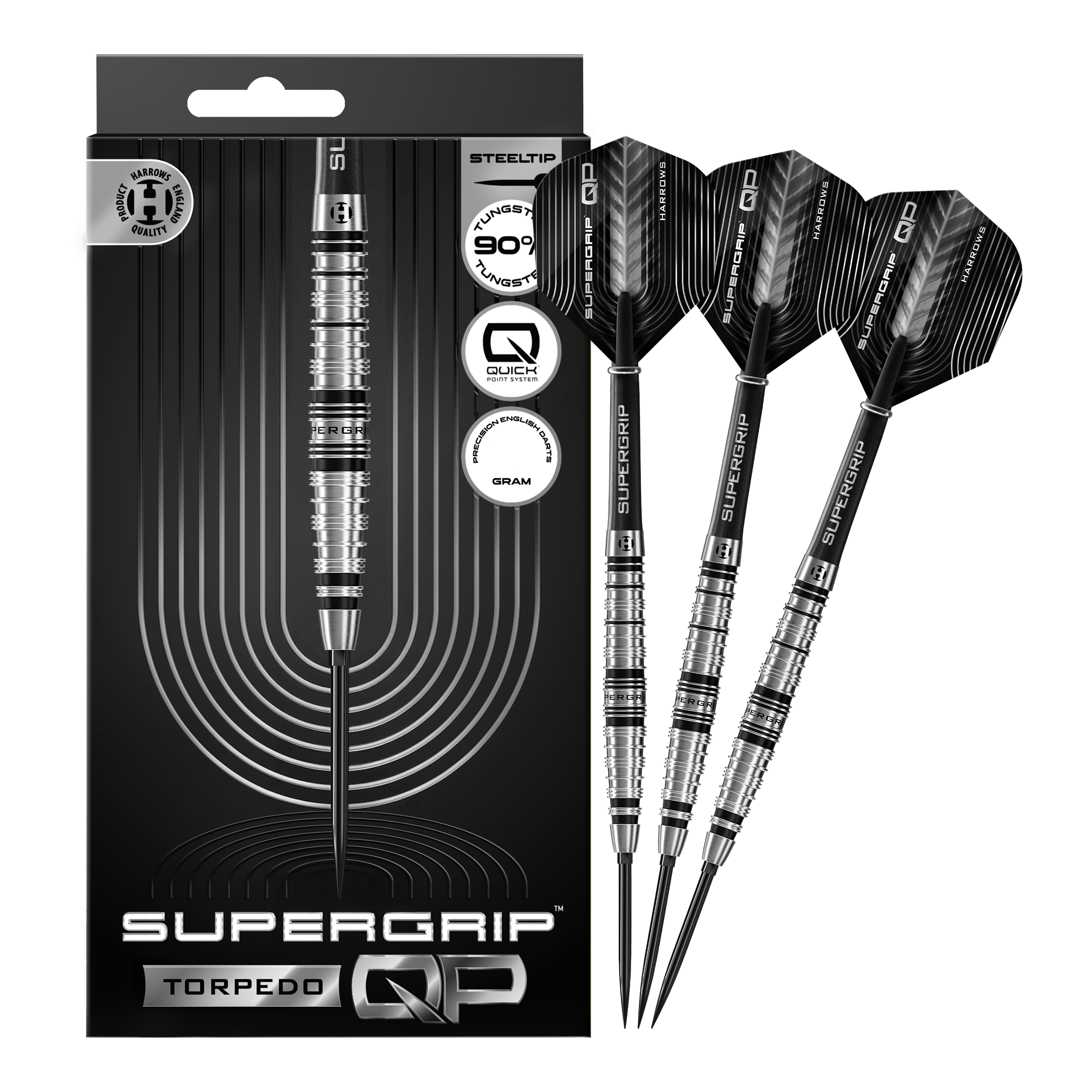 Harrows Supergrip Torpedo Quick Point Steel Darts Abgebildet sind Harrows Supergrip Torpedo Quick Point Steeldarts. Die Steeldarts sind vollständig dargestellt.