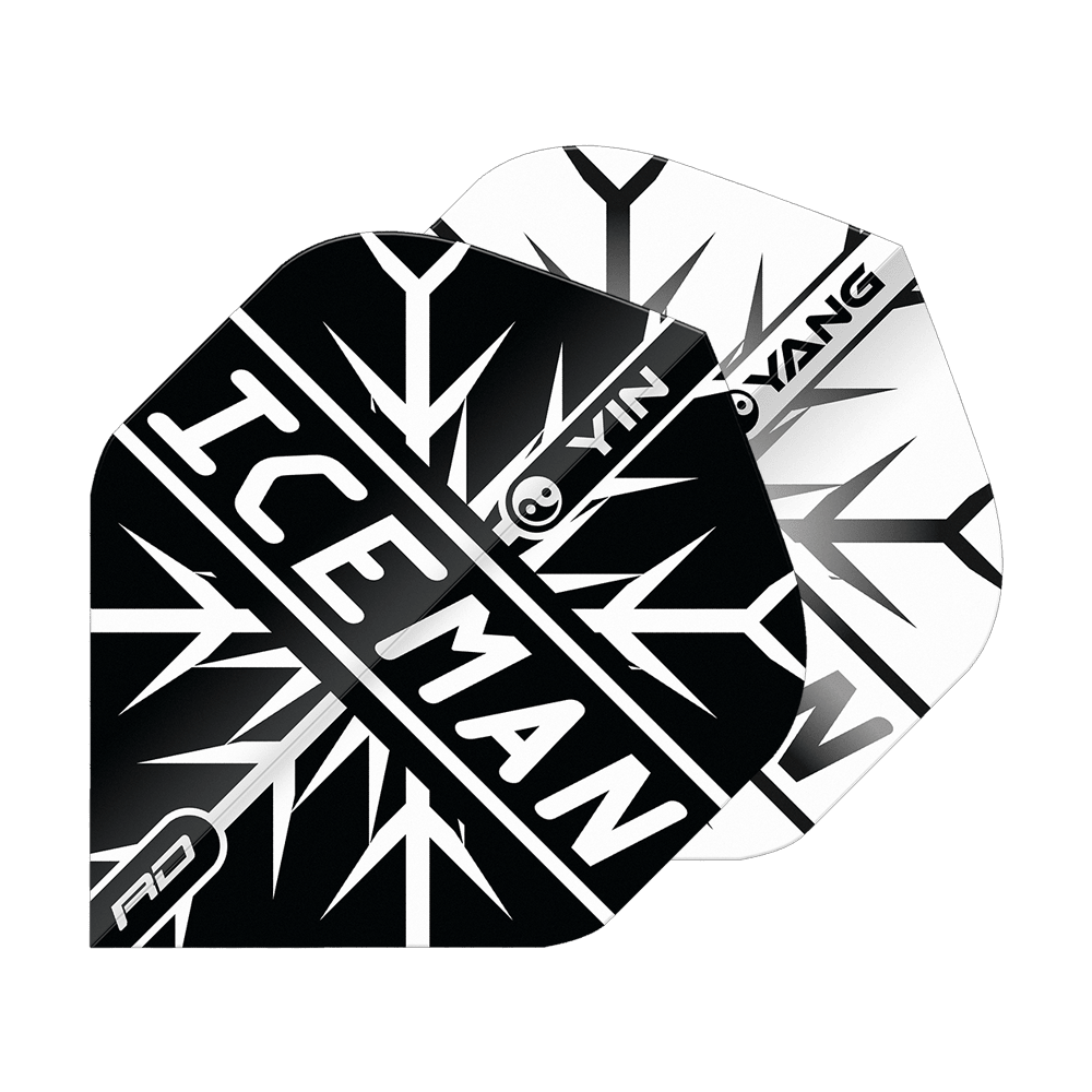 Red Dragon Gerwyn Price Iceman Black White Yin Yang Standard Flights Das Bild zeigt zwei Dart-Flights in Schwarz und Weiß mit einem Yin-Yang-Design. Auf dem vorderen Flight steht in großen Buchstaben „ICEMAN“.
