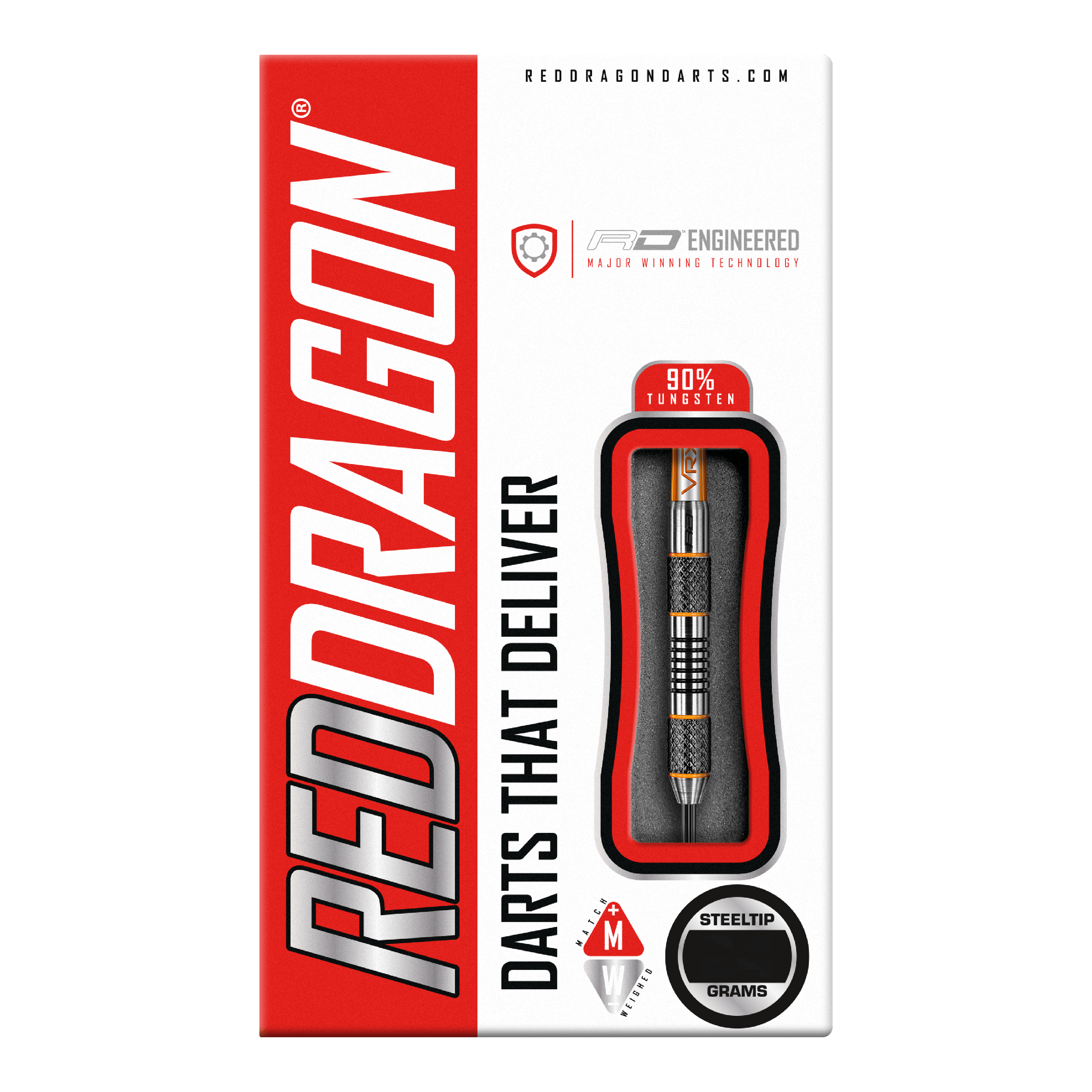 Red Dragon Amberjack 5 steel darts - 24g Die Abbildung zeigt die Verpackung der "Red Dragon Amberjack 5 Steeldarts - 24g". Auf der Packung sind ein sichtbarer Dartpfeil und die Aufschrift "Darts That Deliver" zu sehen.