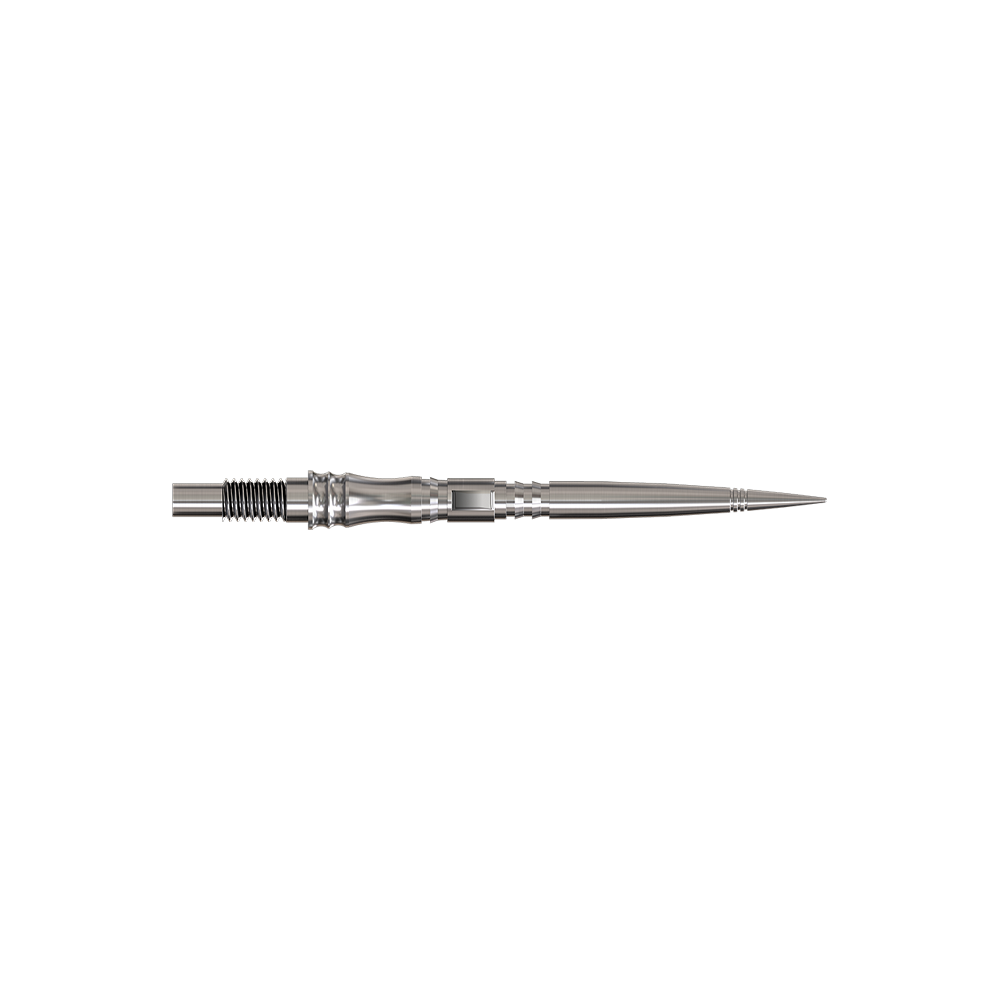 Harrows Quick Point Apex Axis Elite Series Dartspitzen - Silber Apex Axis Silver Elite Serie Dartspitzen in 30mm werden gezeigt. Sie sind silberfarben und lang.