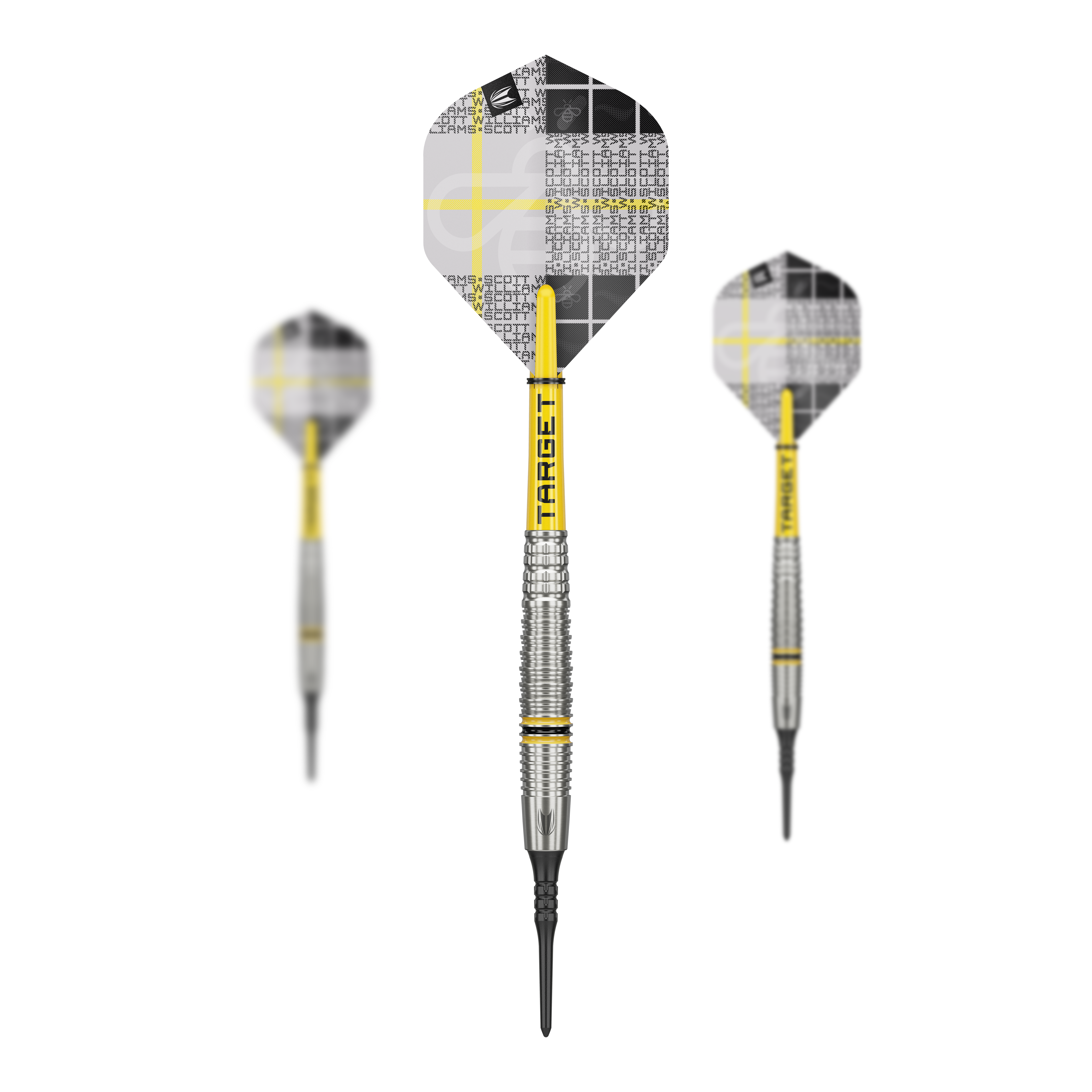 Target Scott Williams GEN2 soft darts - 18g Das Bild zeigt drei Softdarts des Modells "Target Scott Williams GEN2" mit einem Gewicht von 18g. Die Darts haben gelb-silberne Schächte und moderne Flights mit einem schwarz-weißen Muster.