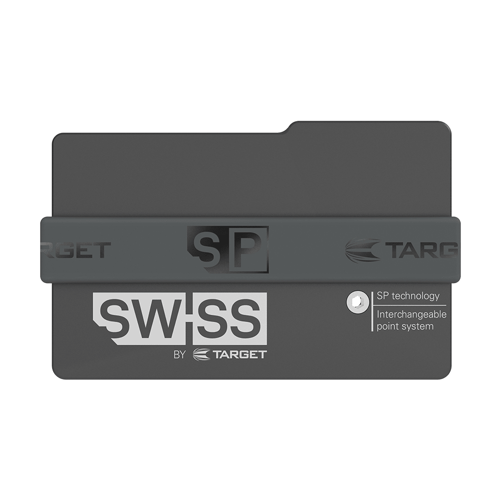 Das Bild zeigt das Produkt "Target Swiss Point Safe". Es ist eine schwarze Aufbewahrungsbox für Dartspitzen mit dem Aufdruck "SWISS by Target".