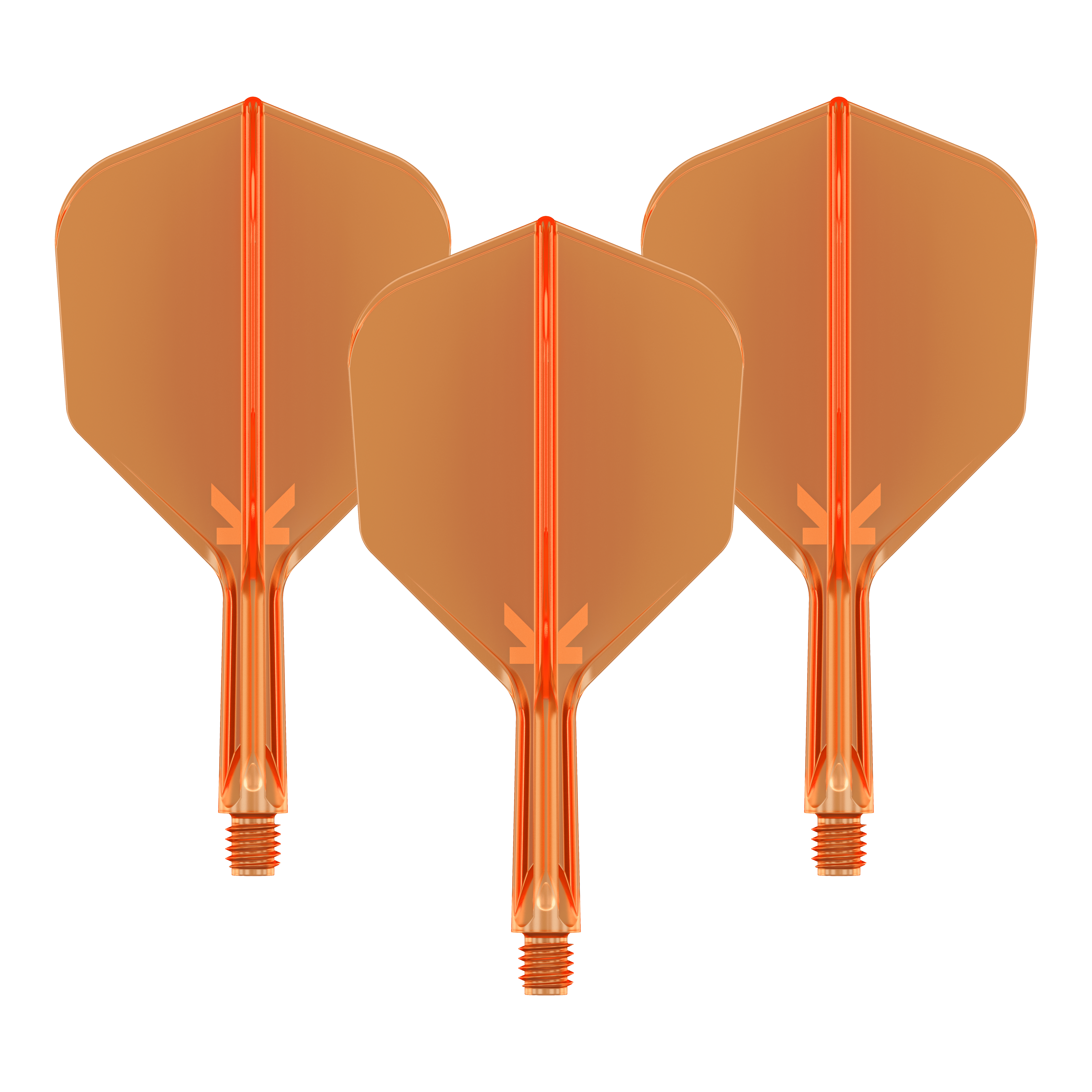 Target K-Flex No6 Flight System - Neon Orange Auf dem Bild sind drei neonorange Darts-Flights mit Schaft zu sehen. Sie sind nebeneinander angeordnet und haben eine transparente Optik.