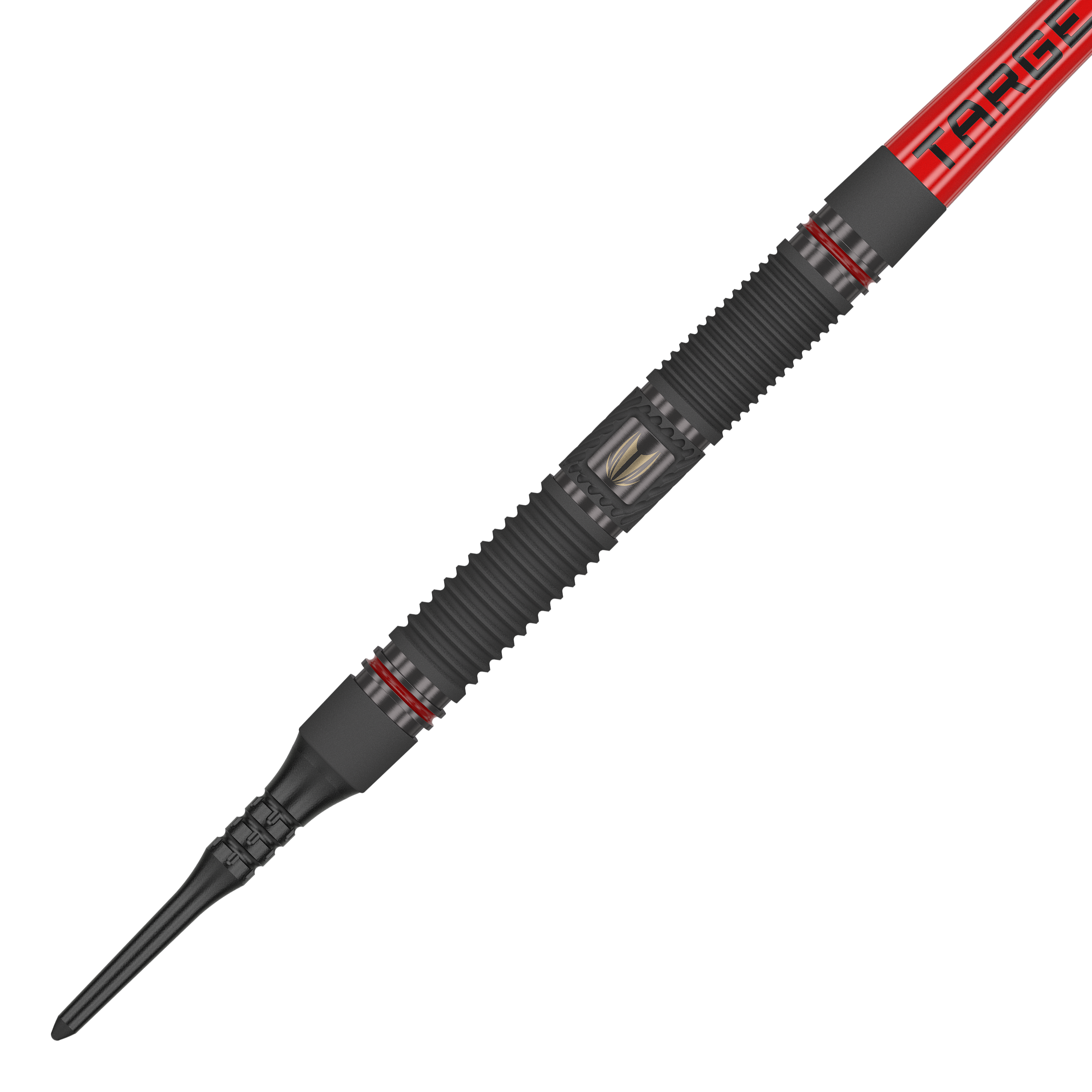 Target Scope 10 Soft Darts Das Bild zeigt einen Target Scope 10 Softdart mit einem schwarzen, geriffelten Griff und roten Akzenten. Der Dart hat eine rote Fliege mit der Aufschrift "TARGET".