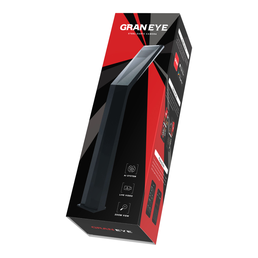 GranDarts Gran Eye GEN2 Steeldart auto scoring system Das Bild zeigt die Verpackung des Produkts "GranDarts GranEye Steeldart Auto-Scoring-System". Auf der Schachtel sind ein Bild des Geräts sowie Hinweise auf Funktionen wie KI-System, Live-Video und Zoom-Ansicht abgebildet.