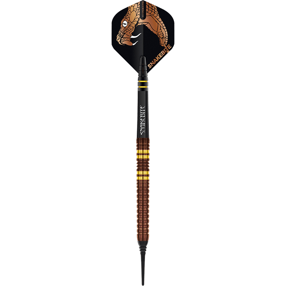 RD2570_Red_Dragon_Peter_Wright_Copper_Fusion_Softdarts_14BFyls3rYXkvv Dieses Bild zeigt den Red Dragon Peter Wright Copper Fusion Softdart mit einem Gewicht von 20g. Der Dart hat ein kupferfarbenes Barrel und einen Flight mit einem Schlangenkopf-Design.