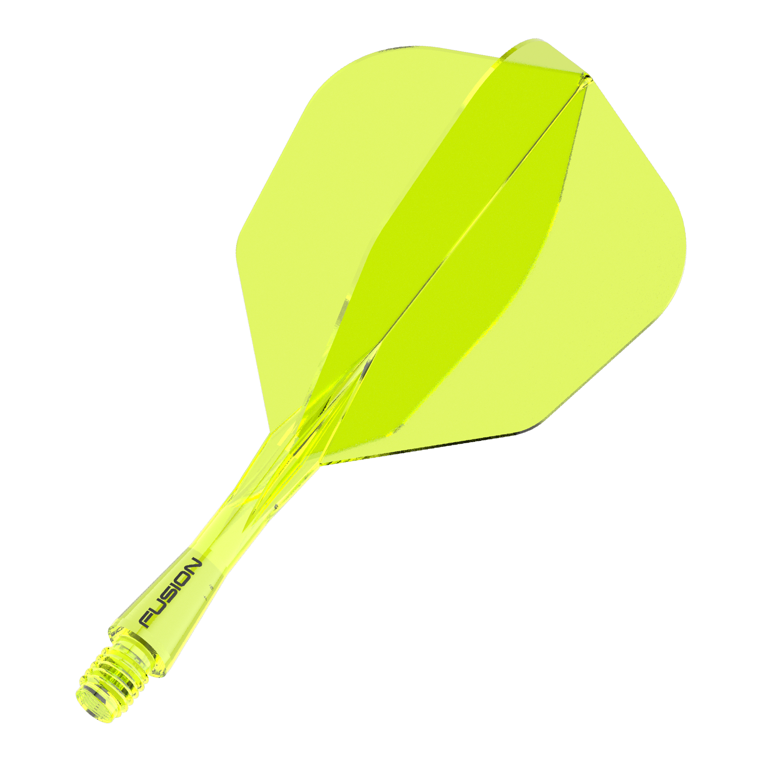 Winmau Fusion Flight Shaft System No6 Neon Yellow Das Bild zeigt ein neon-gelbes Dartflight- und Shafts-System. Auf dem Schaft steht das Wort "FUSION".
