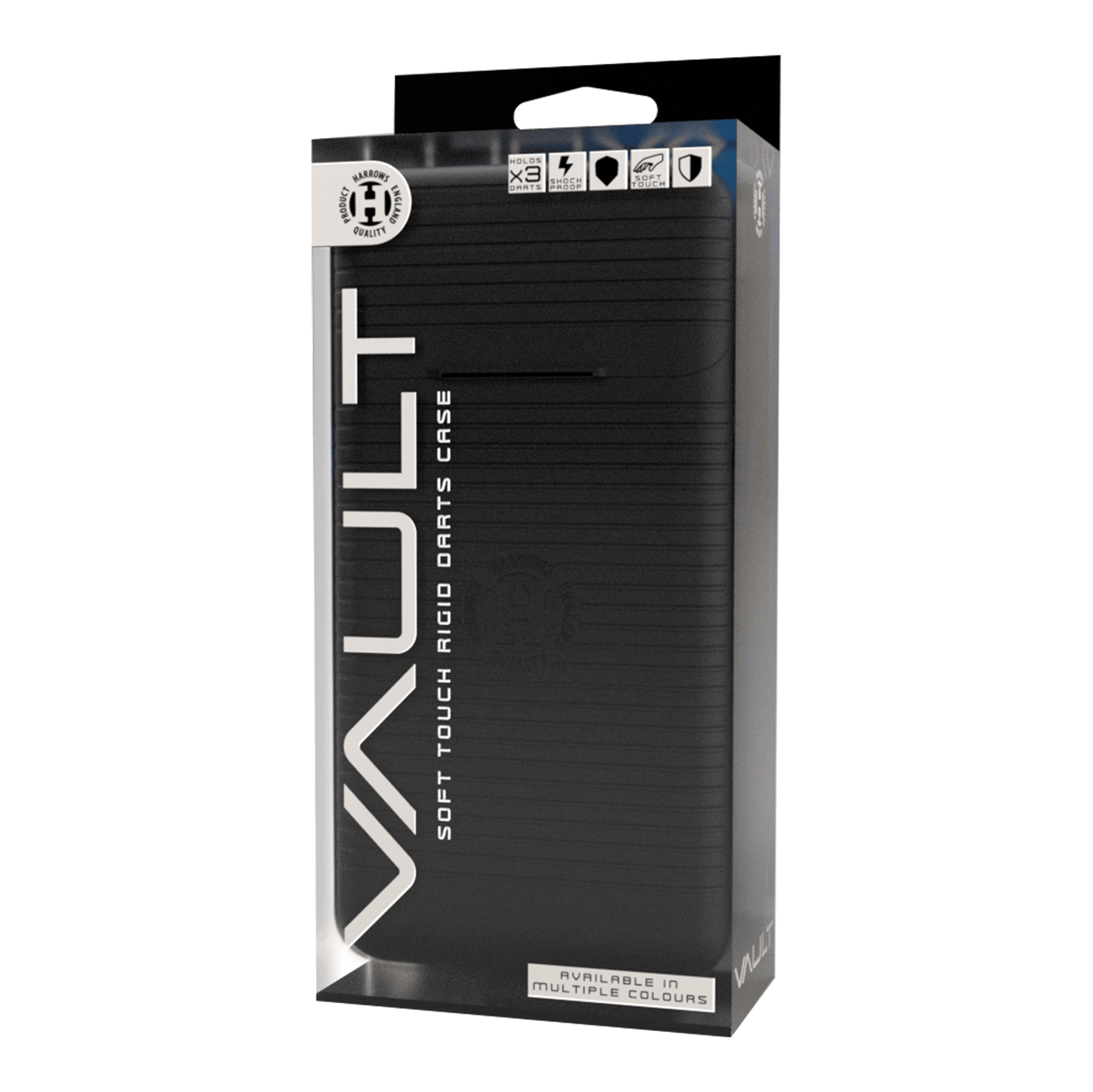Zu sehen ist das Harrows Vault Dartcase. Es handelt sich um ein robustes Etui zur sicheren Aufbewahrung von Darts.