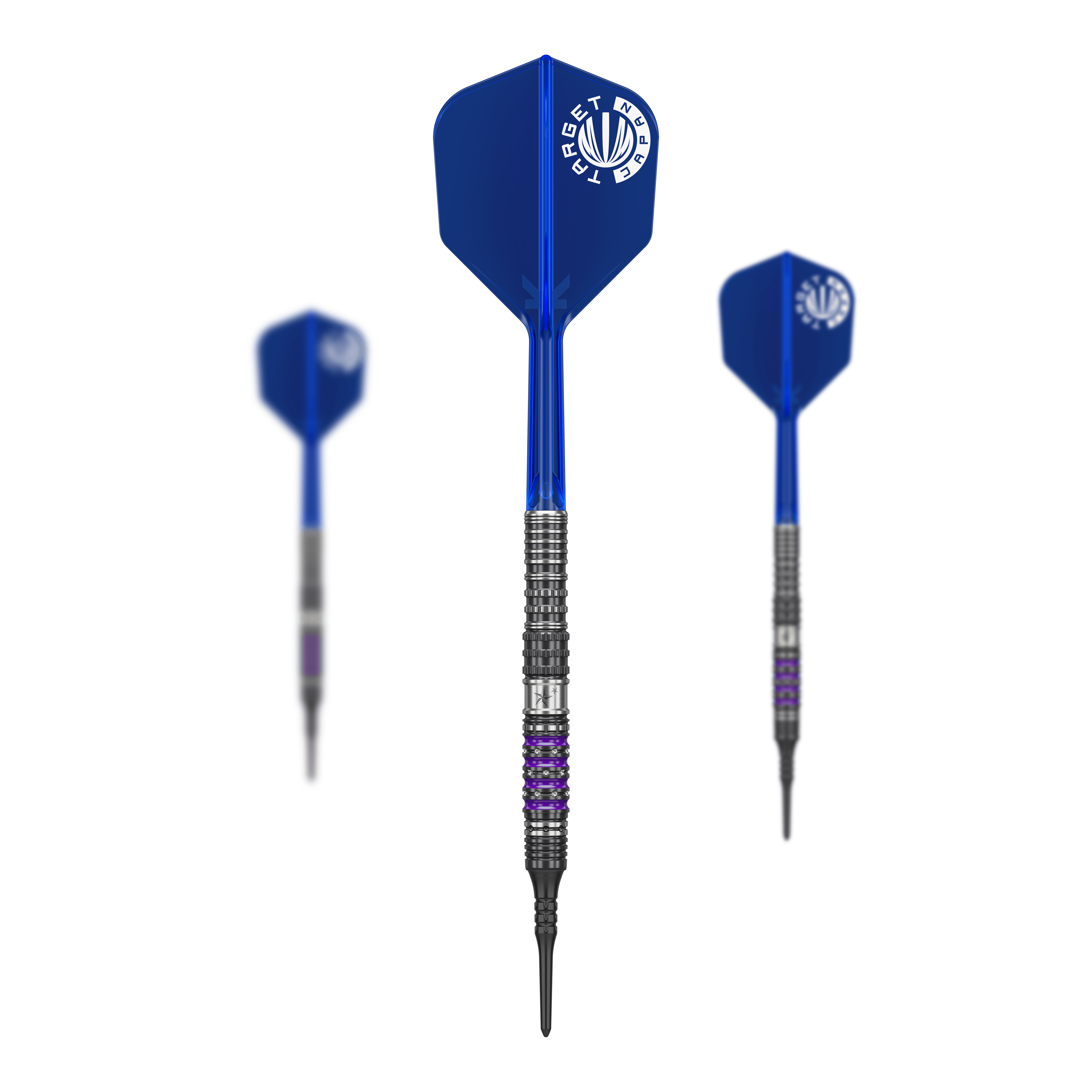 Target Japan Prime Series Sirius GEN4 Soft Darts - 21.5g Das Bild zeigt drei Softdarts der Serie "Target Japan Prime Series Sirius GEN4" mit einem Gewicht von 21,5g. Die Darts haben blaue Flights und silber-schwarze Barrels mit lila Akzenten.