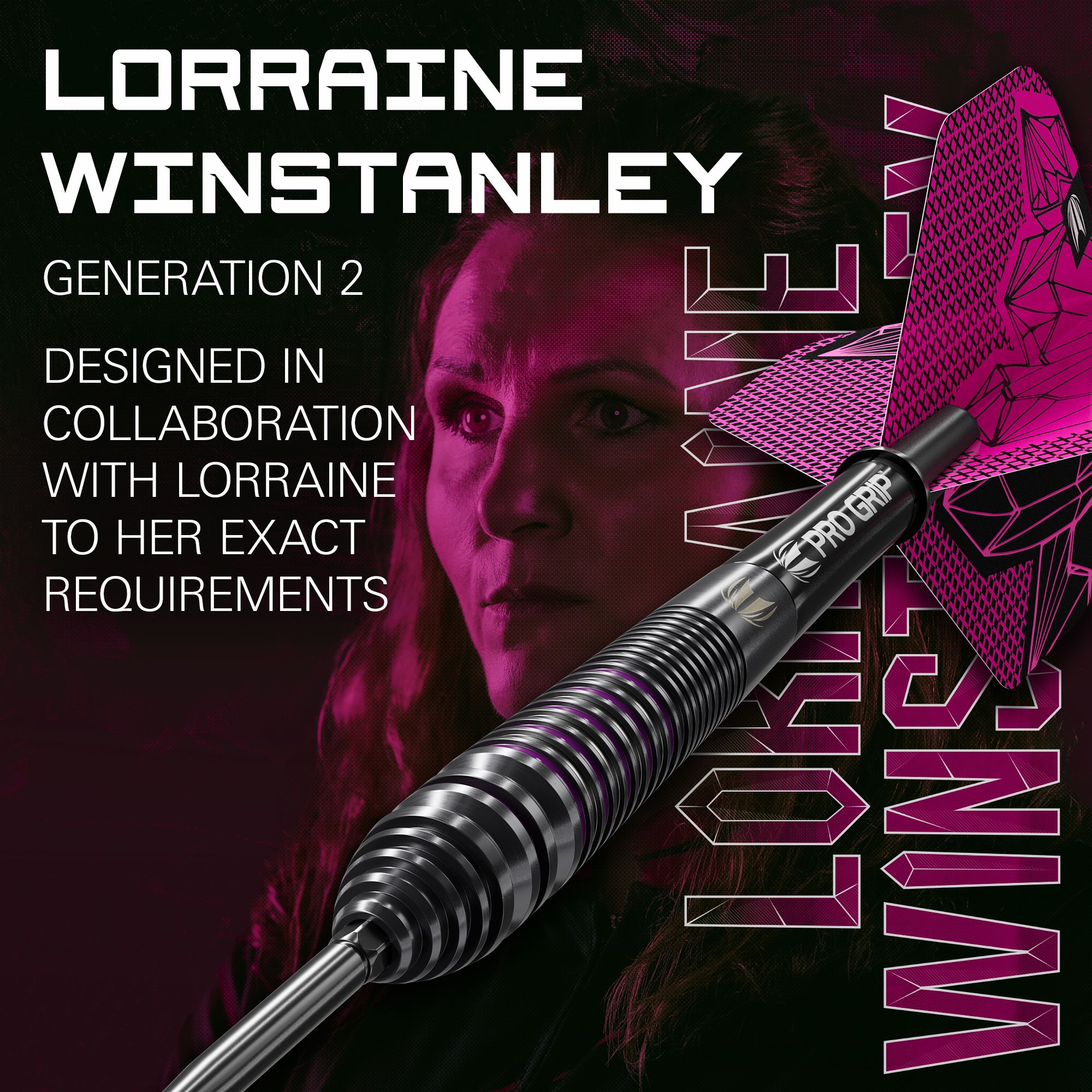 Target Lorraine Winstanley GEN2 Swiss Point Steel Darts - 24g Dieses Bild zeigt ebenfalls die Target Lorraine Winstanley GEN2 Swiss Point Steeldarts - 24g. Die Detailansicht stellt die Verarbeitung und Form der Darts dar.
