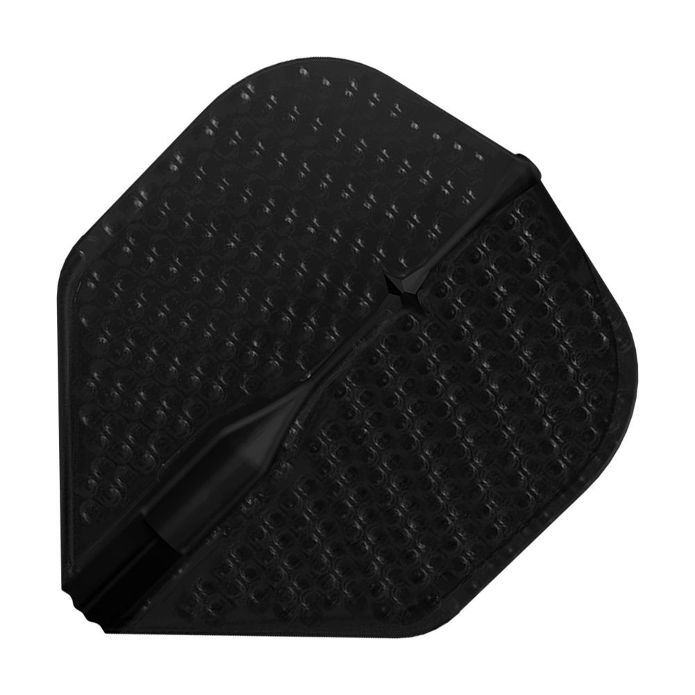 Dieses Bild zeigt einen schwarzen Dartflight mit einer Dimple-Oberfläche. Das Flight hat eine polygonale Form und eine strukturierte Oberfläche für besseren Halt.