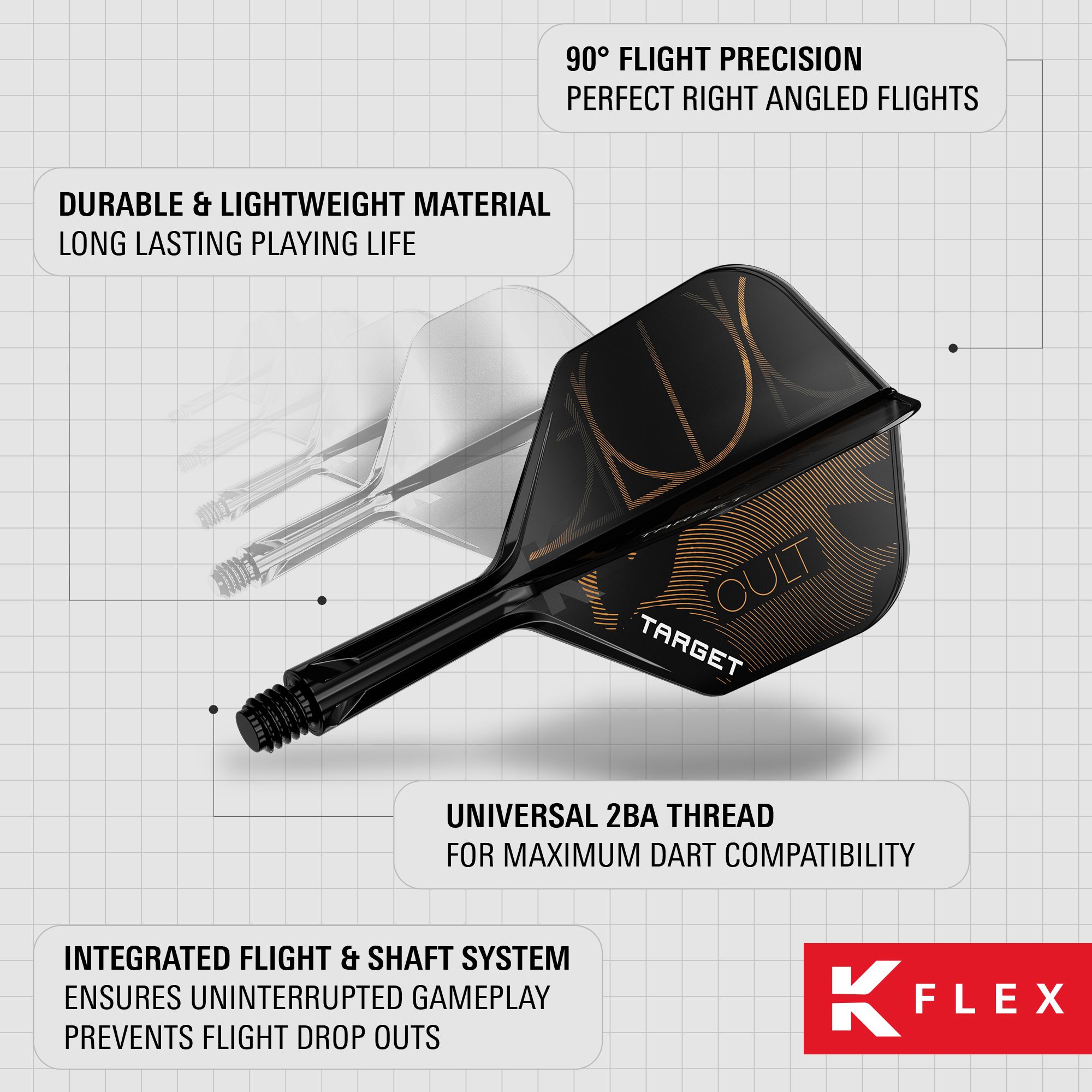 Target K-Flex Cult No6 Flight Shaft System Hier ist das Target K-Flex Cult No6 Flight-Shaft-System abgebildet. Das Produkt wurde für Dartspieler entwickelt.