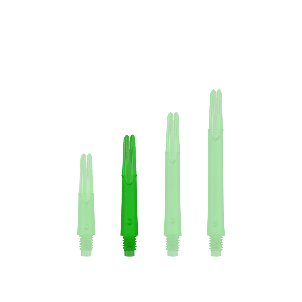 L-L-Style-Shafts Locked Straight - Green Auf dem Bild sind vier grüne, durchsichtige Kunststoff-Dartschäfte in unterschiedlicher Länge zu sehen. Sie stehen nebeneinander aufrecht auf einem grünen Hintergrund.