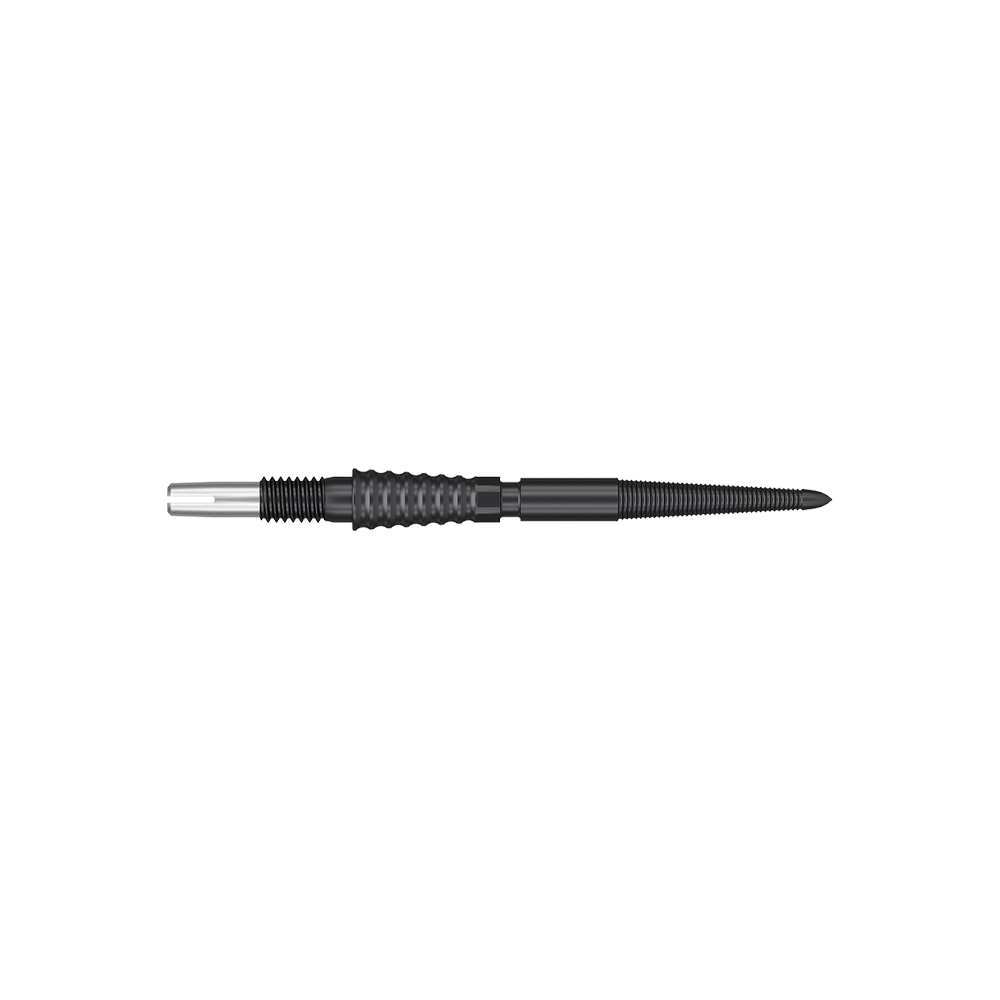 Target Swiss Storm LNC dart tips - Black Auf dem Bild ist eine schwarze Dartspitze mit geriffeltem Griff zu sehen. Sie ist lang und hat an einem Ende ein silbernes Verbindungsstück.