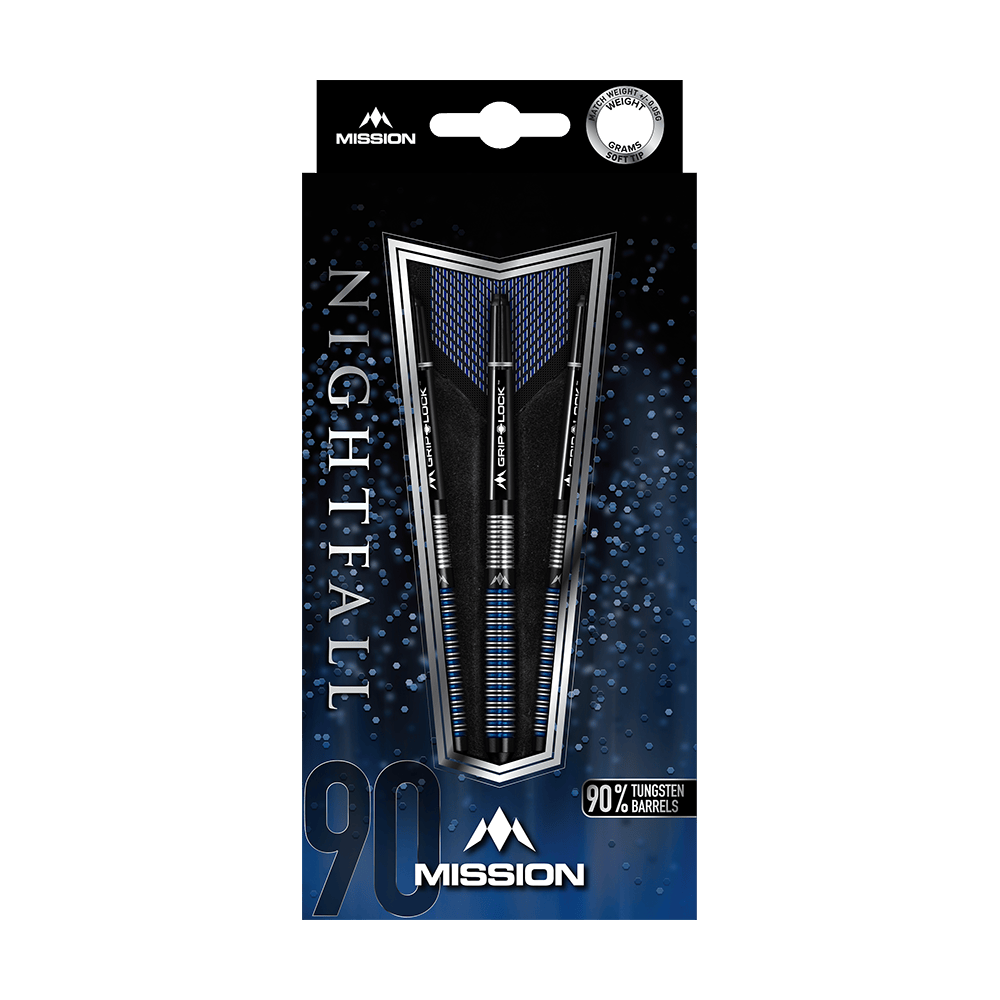 Mission Nightfall Model 1 soft darts Das Bild zeigt die Verpackung der "Mission Nightfall Model 1 Softdarts". Die Darts bestehen zu 90 % aus Tungsten und sind auf einem dunkelblauen Hintergrund präsentiert.