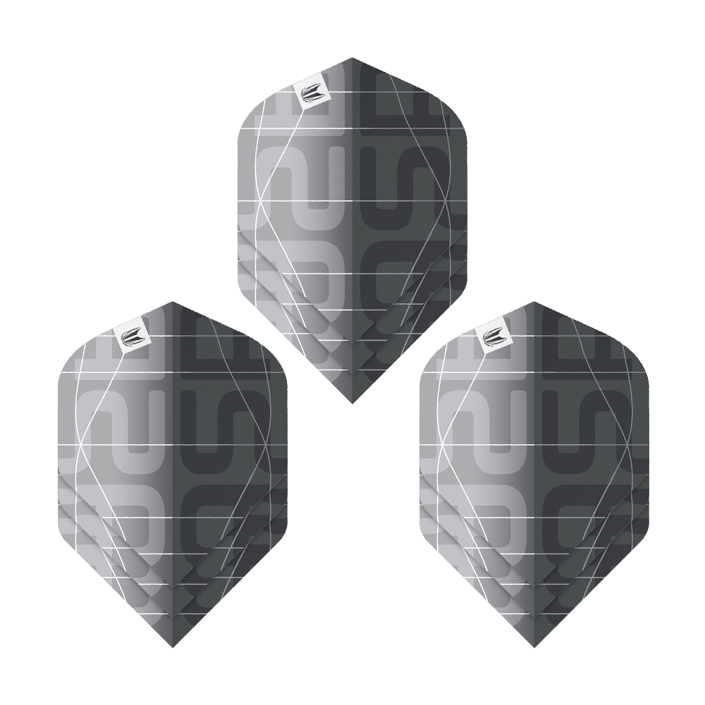 Target Pro Ultra Aspinall X Echo No2 Standard Flights - 3 sets Das Bild zeigt drei schwarze und graue Dartflights mit modernem Muster. Es handelt sich um das Produkt "Target Pro Ultra Aspinall X Echo No2 Standard Flights - 3 Sets".