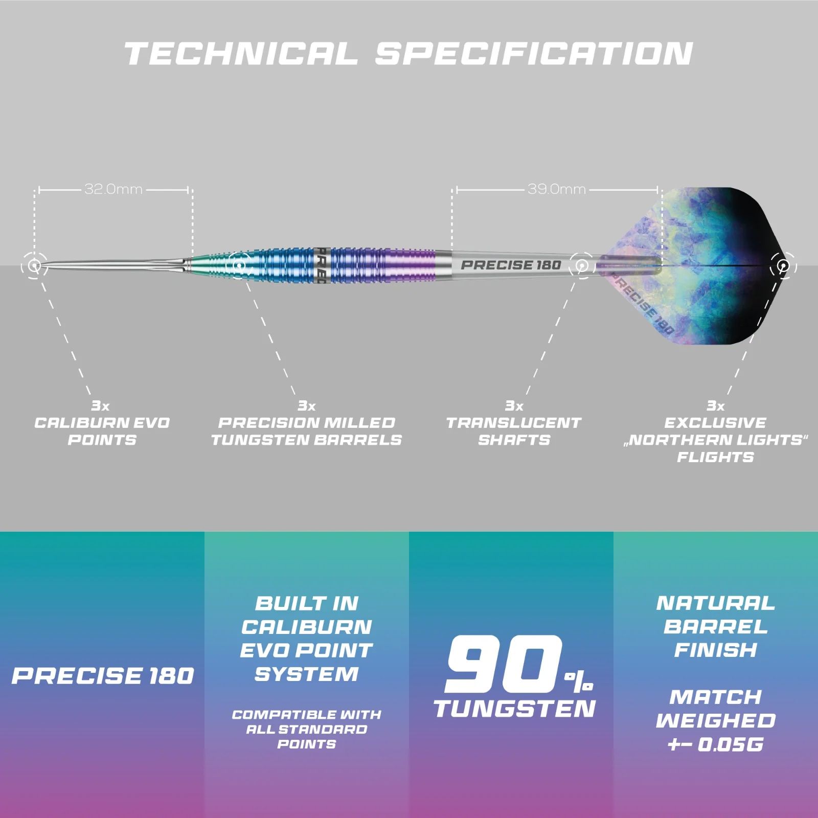 Precise 180 Northern Lights steel darts Zu sehen sind die Precise 180 Northern Lights Steeldarts. Diese Steeldarts überzeugen durch hochwertige Verarbeitung.