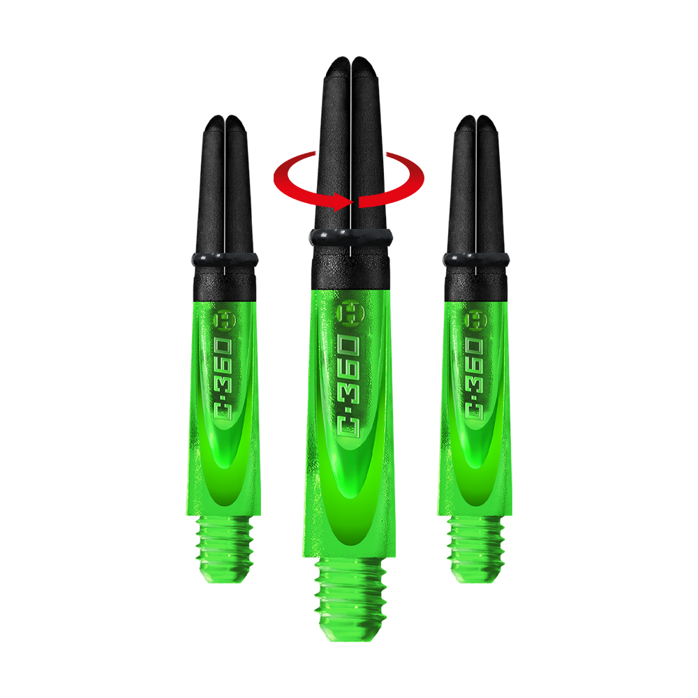 HR452_Harrows_Carbon_360_Shafts_Gr-n_35mm_1-_Symbol Auf dem Bild sind drei grüne Harrows Carbon 360 Shafts zu sehen. Sie sind für Dartpfeile und haben schwarze Oberteile.