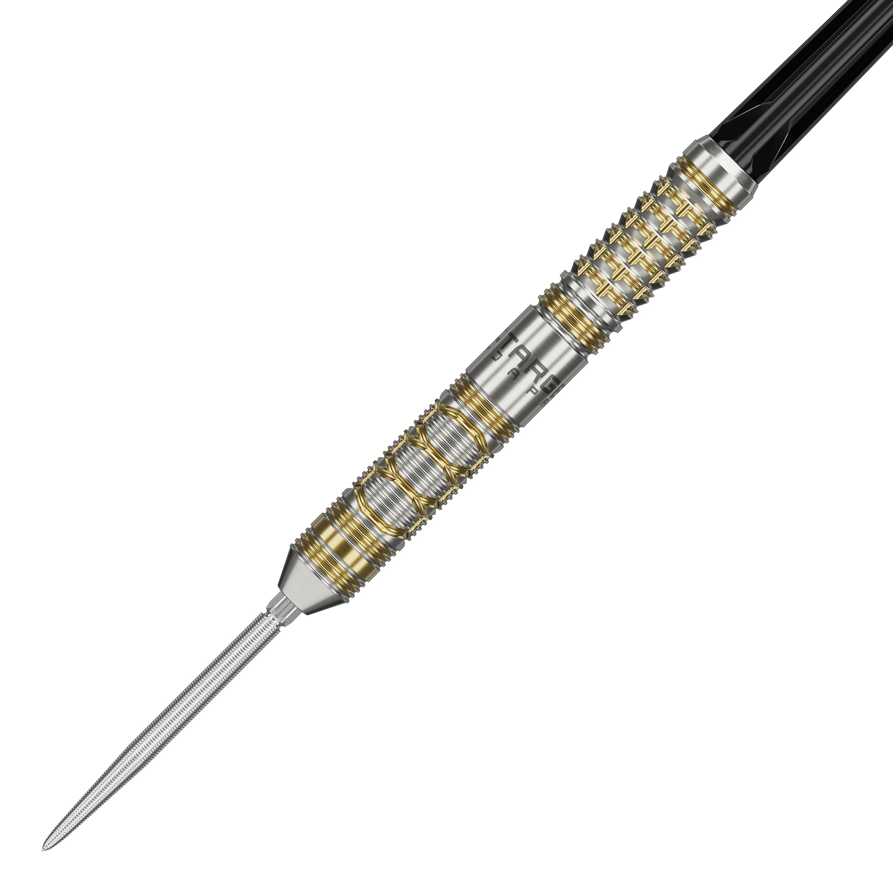 Target Japan Black Marque Reyn GEN2 steel darts Das Bild zeigt einen eleganten Steeldart mit silbernen und goldenen Akzenten. Es handelt sich um das Produkt "Target Japan Black Marque Reyn GEN2 Steeldarts".
