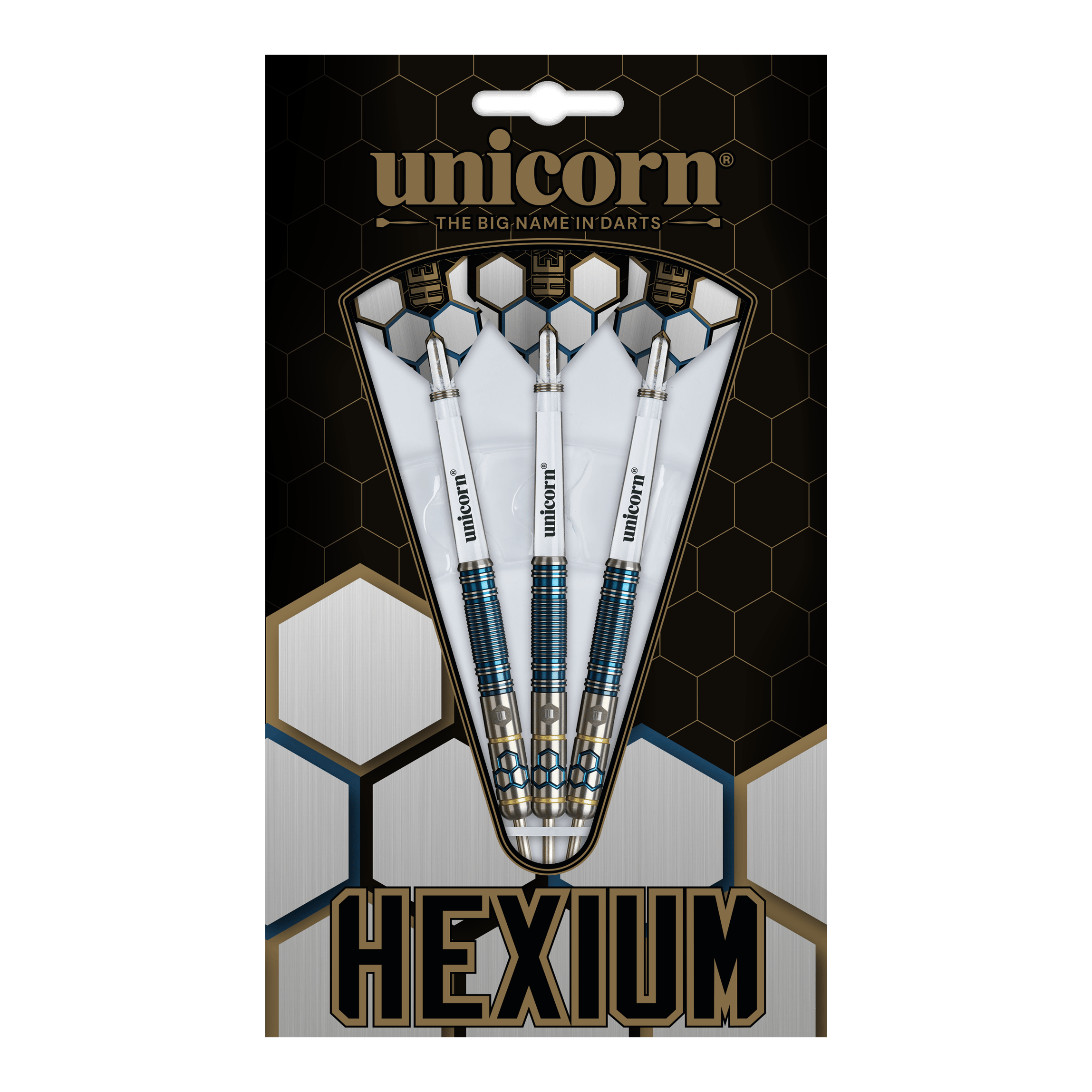 Unicorn Hexium Style 02 Blue & Gold Steeldarts Das Bild zeigt die Unicorn Hexium Style 02 Blue & Gold Steeldarts. Die Darts sind in Blau und Gold designt.