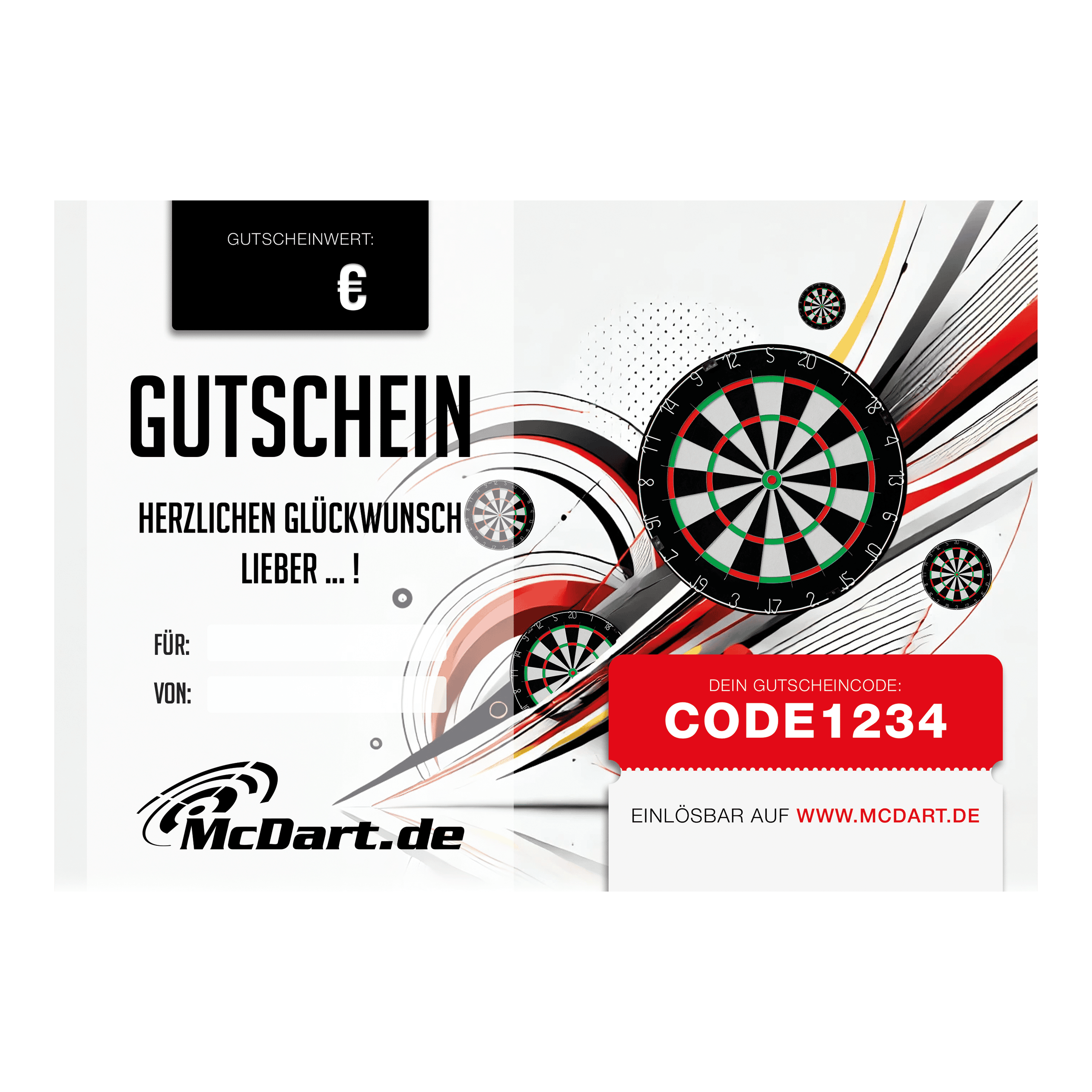 Voucher - Dartboards Das Bild zeigt einen Geschenkgutschein für Dartboards von McDart.de. Auf dem Gutschein sind mehrere Dartboards sowie ein Gutscheincode abgebildet.