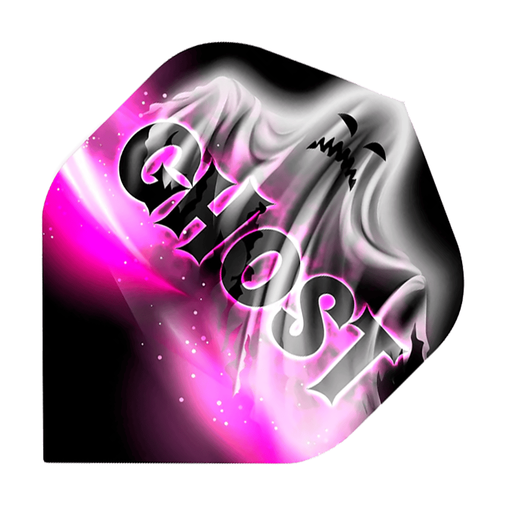 Mission Solo Bailey Marsh No2 Standard Flights Das Bild zeigt ein Dartflight mit einem Geistermotiv und dem Wort "GHOST" groß darüber geschrieben. Die Farben sind hauptsächlich Schwarz, Weiß und Pink.