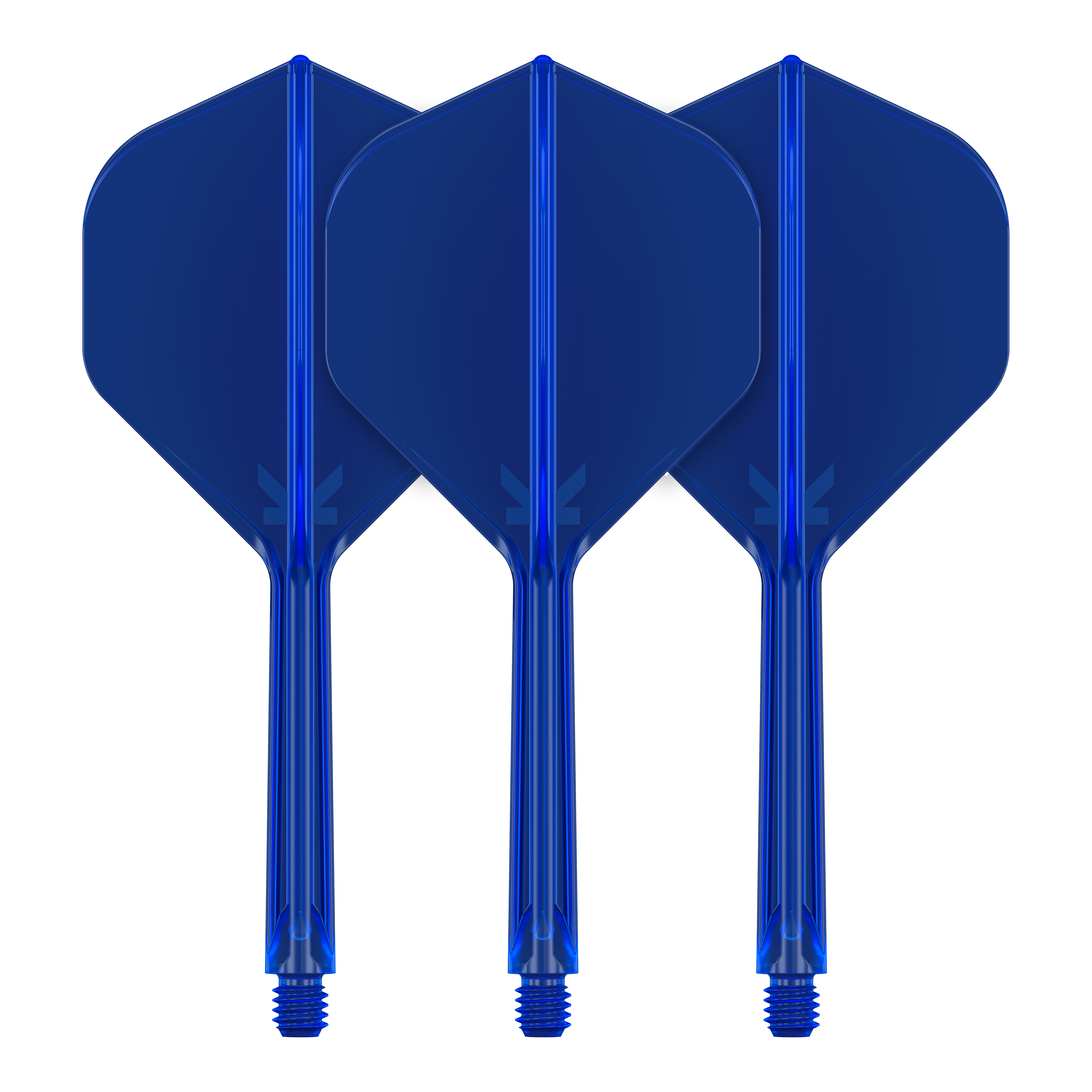 Target K-Flex No2 Standard Flight System - Blue Auf dem Bild sind drei blaue Dart-Flights mit Schaft zu sehen. Sie stehen nebeneinander und haben eine standardisierte Form.