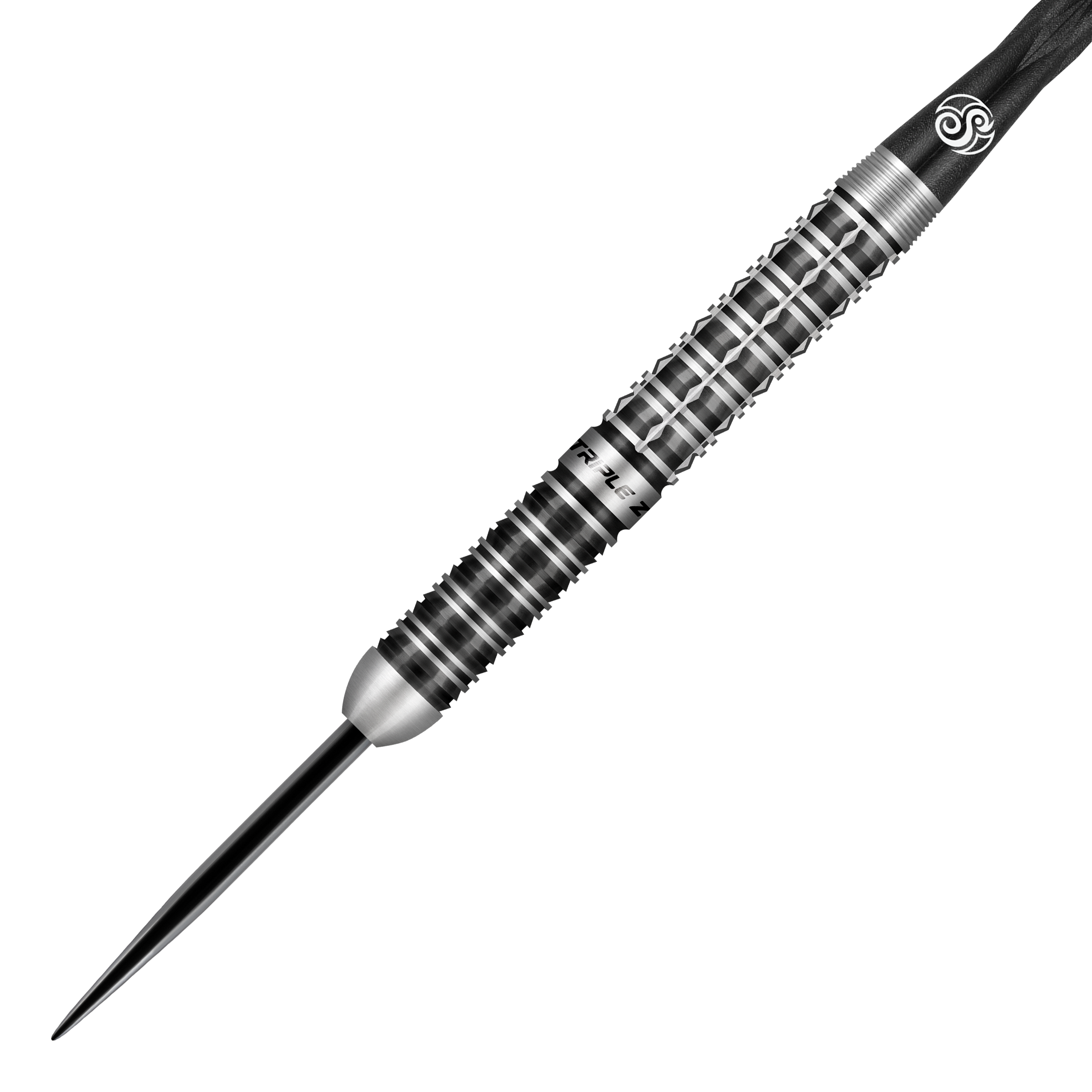 Shot Niels Zonneveld V2 steel darts Das Bild zeigt einen Shot Niels Zonneveld V2 Steeldart. Der Dart hat ein silber-schwarzes, geriffeltes Design für besseren Halt.