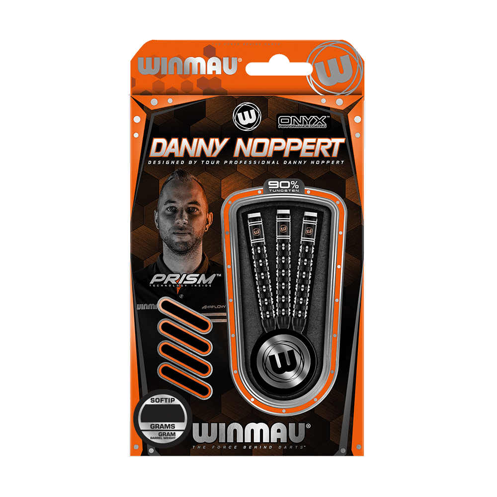 2459_Winmau_Danny_Noppert_Freeze_Edition_Softdarts_3 Auf dem Bild ist das Produkt „Winmau Danny Noppert Freeze Edition Softdarts - 20g“ zu sehen. Die Verpackung zeigt drei Darts mit schwarzem Design und das Porträt des Spielers Danny Noppert.