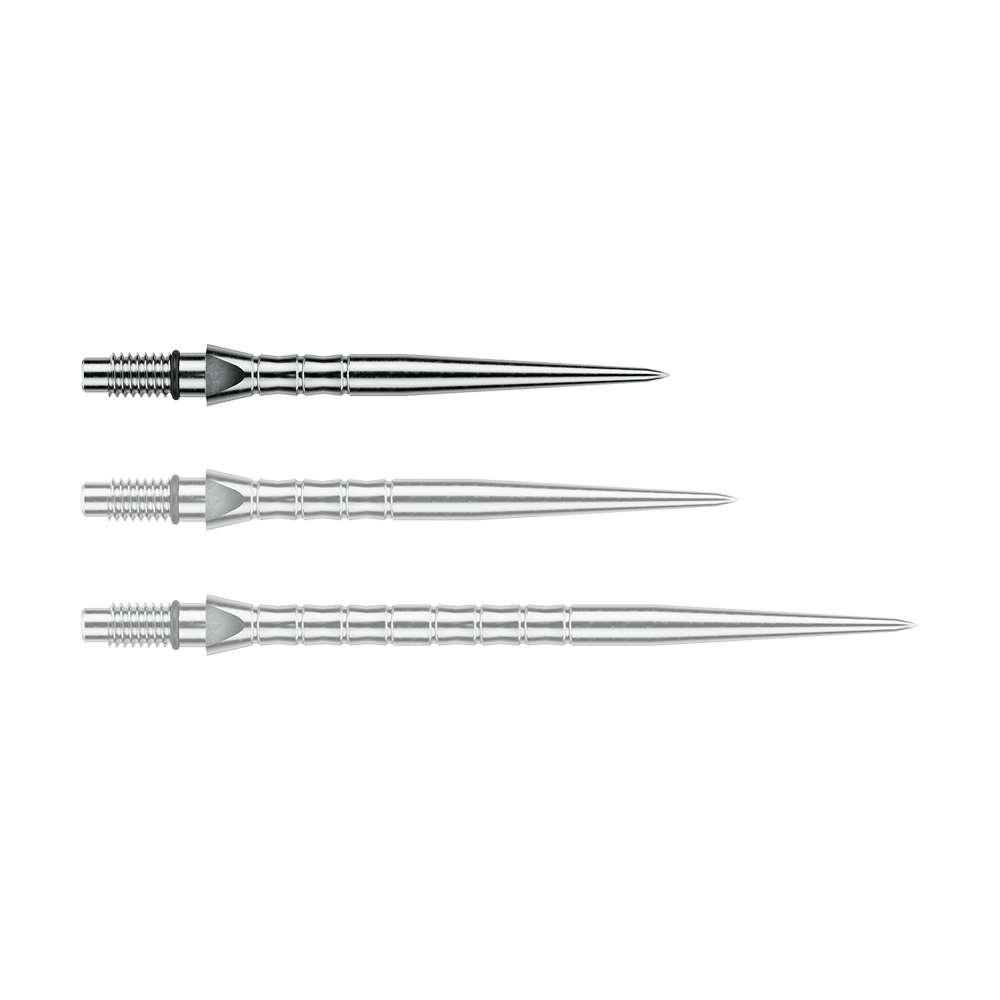 Das Foto zeigt Winmau Switch Point Wave Silver Effect Steeldartspitzen mit 26 mm. Die silberfarbenen Steeldartspitzen sind in der Nahaufnahme sichtbar.