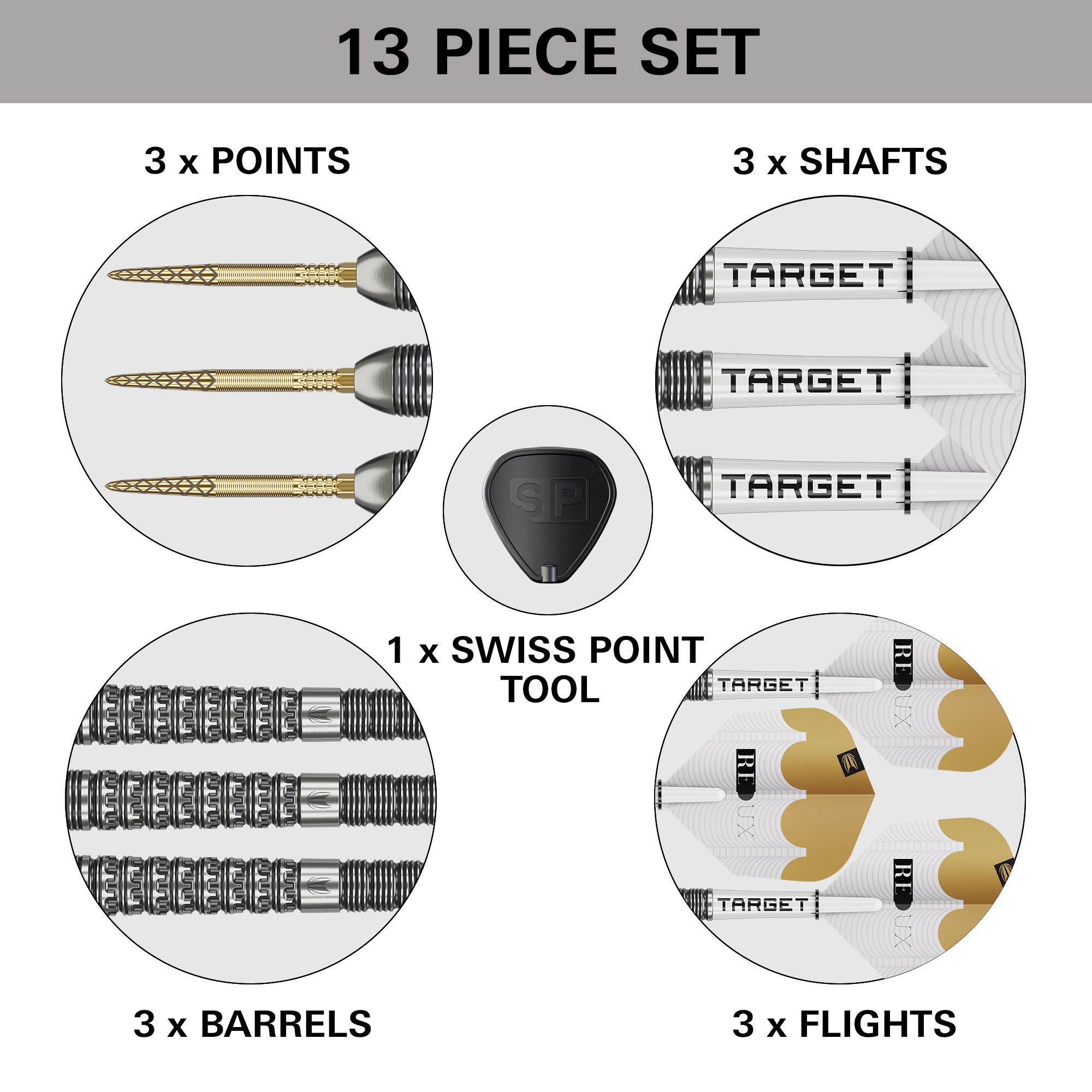 Target Redux 03 Swiss Point steel darts Das Bild zeigt die Target Redux 03 Swiss Point Steeldarts. Diese Steeldarts bieten eine hohe Präzision beim Werfen.