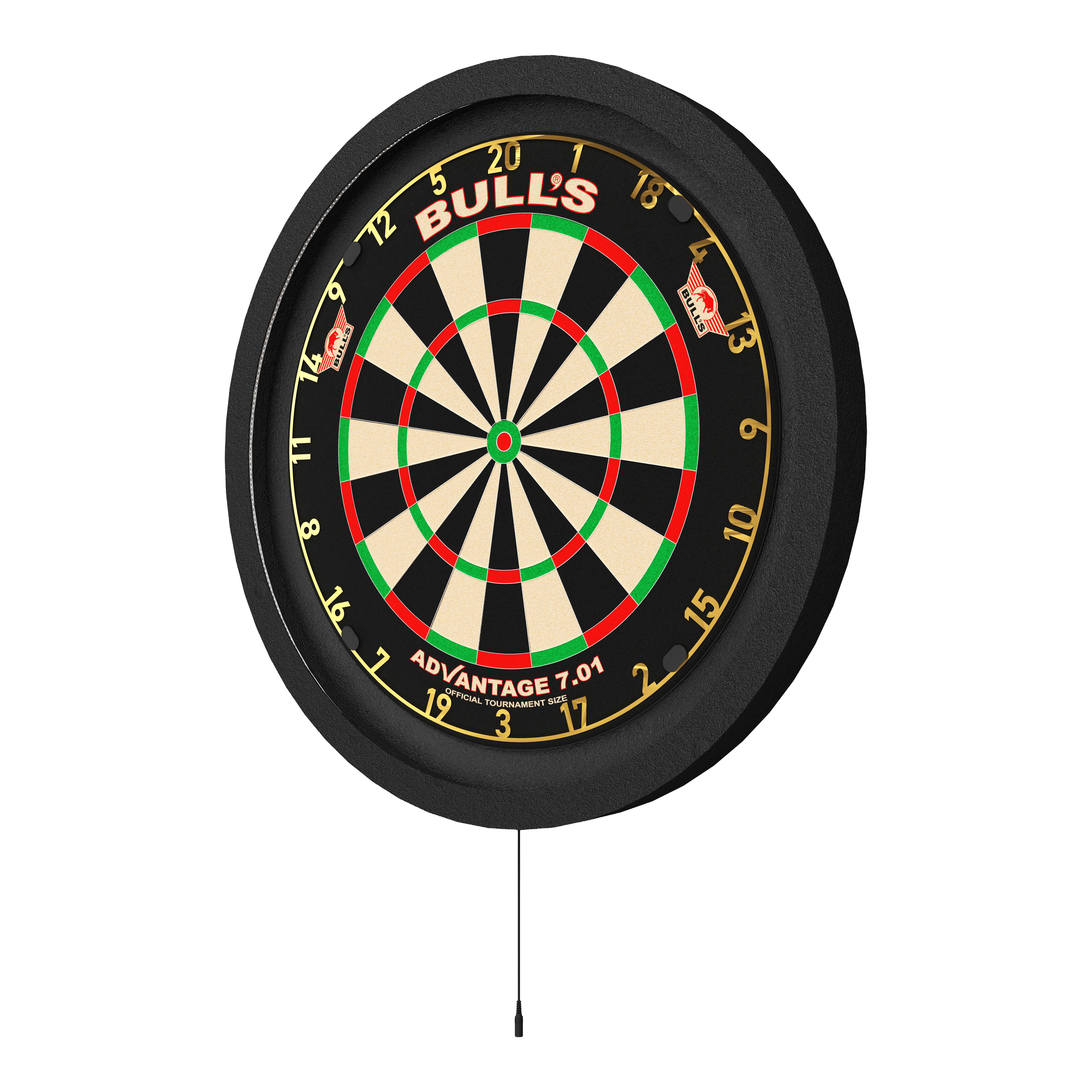 Bulls NL Lumo 2 Light Surround Lighting System Das Bild zeigt ein Bulls NL Lumo 2 Light Surround Beleuchtungssystem an einer Dartscheibe. Das Beleuchtungssystem sorgt für eine gleichmäßige Ausleuchtung des Dartboards.