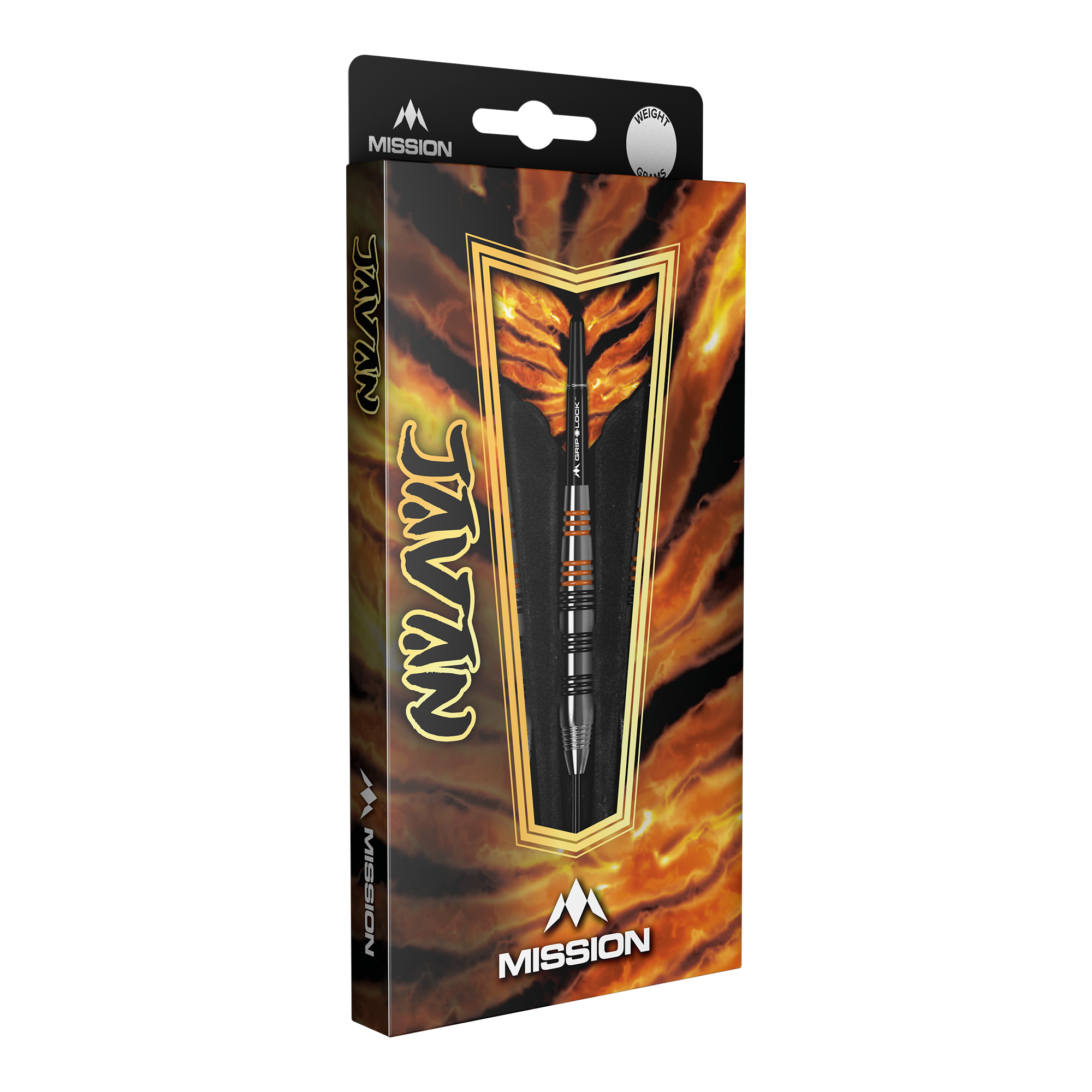 Mission Javan Brass Steel Darts - 22g Die Abbildung zeigt die Verpackung der Mission Javan Brass Steeldarts mit einem Gewicht von 22g. Das Design ist auffällig und besitzt feurige Farben mit dem Produkt im Vordergrund.