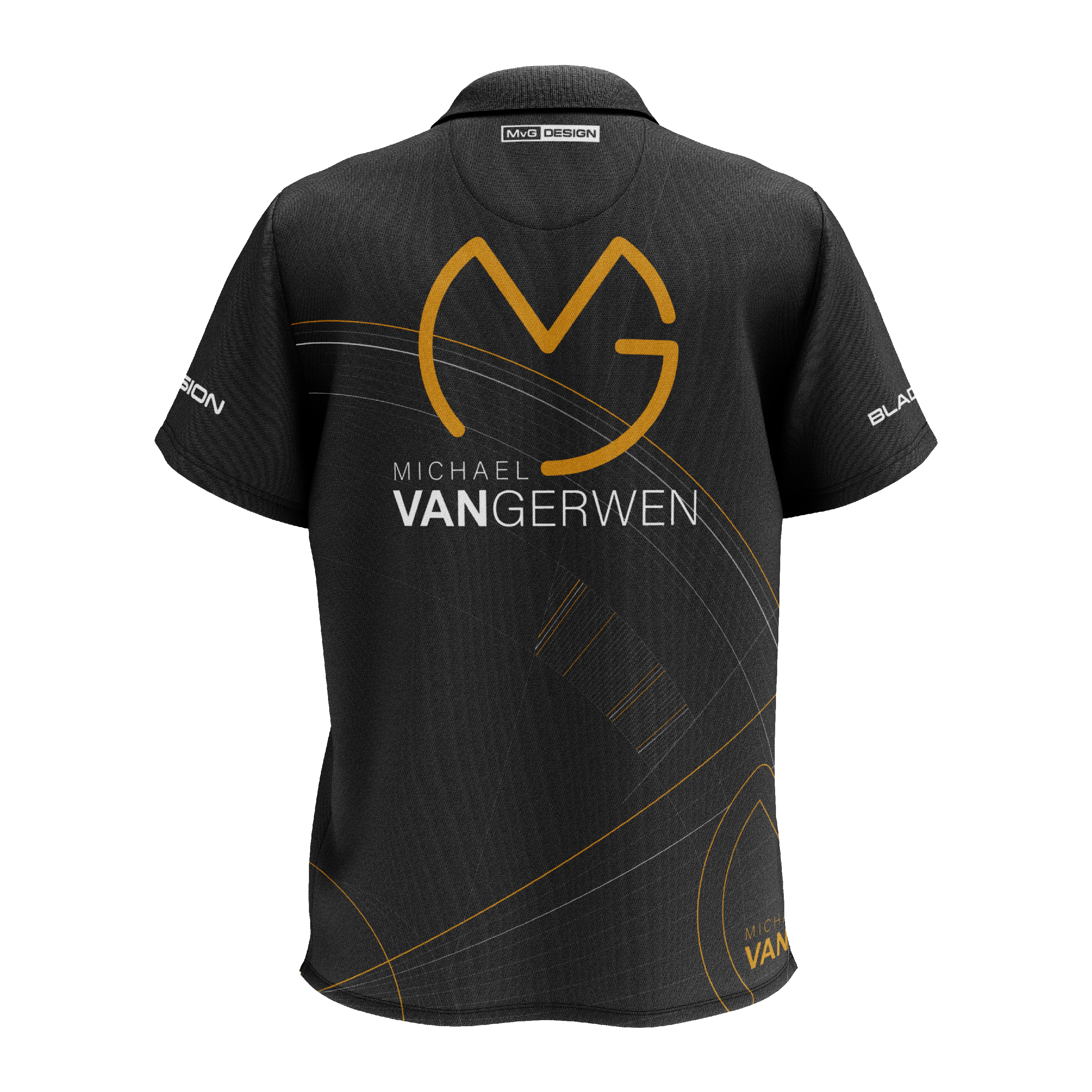 Winmau Limited Edition Tour Polo Dart Shirt Das Bild zeigt ein schwarzes Dartshirt mit goldenen und weißen Akzenten. Auf der Rückseite steht "Michael van Gerwen" zusammen mit einem großen, stilisierten "MVG"-Logo.