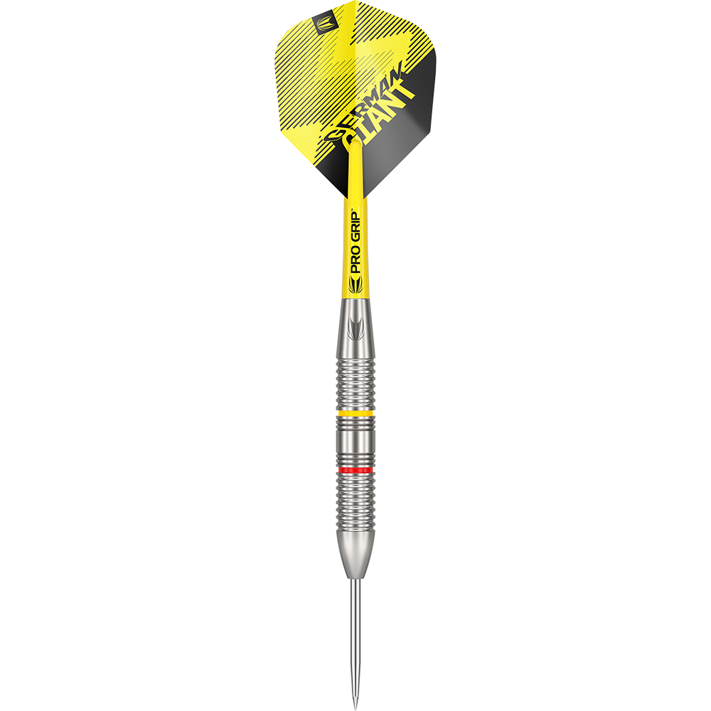 170005_Target_Gabriel_Clemens_Brass_Steeldarts_1BNpPg6TVQ9F3I Dies ist ein Target Gabriel Clemens Brass Steeldart mit 22 Gramm Gewicht. Der Dart hat gelbe und schwarze Designelemente sowie auffällige Grip-Ringe am Barrel.