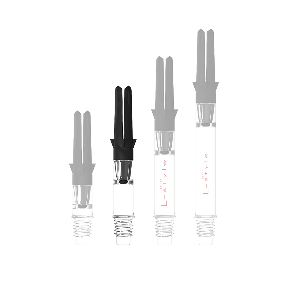 L-L-Style-Shaft Carbon Silent Straight - Clear Abbildung mit dem Namen L-Style L-Shaft Carbon Silent Straight Clear OhneKappen 32mm 1. Es handelt sich wahrscheinlich um einen Schaft für Dartpfeile.