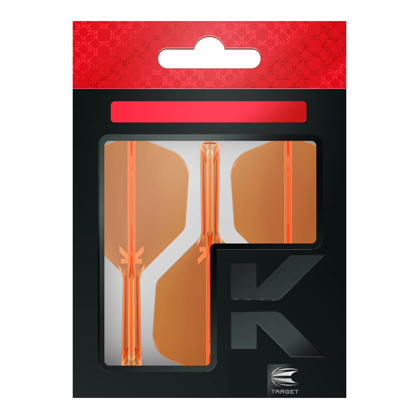 Target K-Flex No6 Flight System - Neon Orange Die Verpackung zeigt drei neonorange Dart-Flights der Marke Target. Das Design ist modern mit einem schwarz-roten Hintergrund und einem großen "K" auf der Vorderseite.