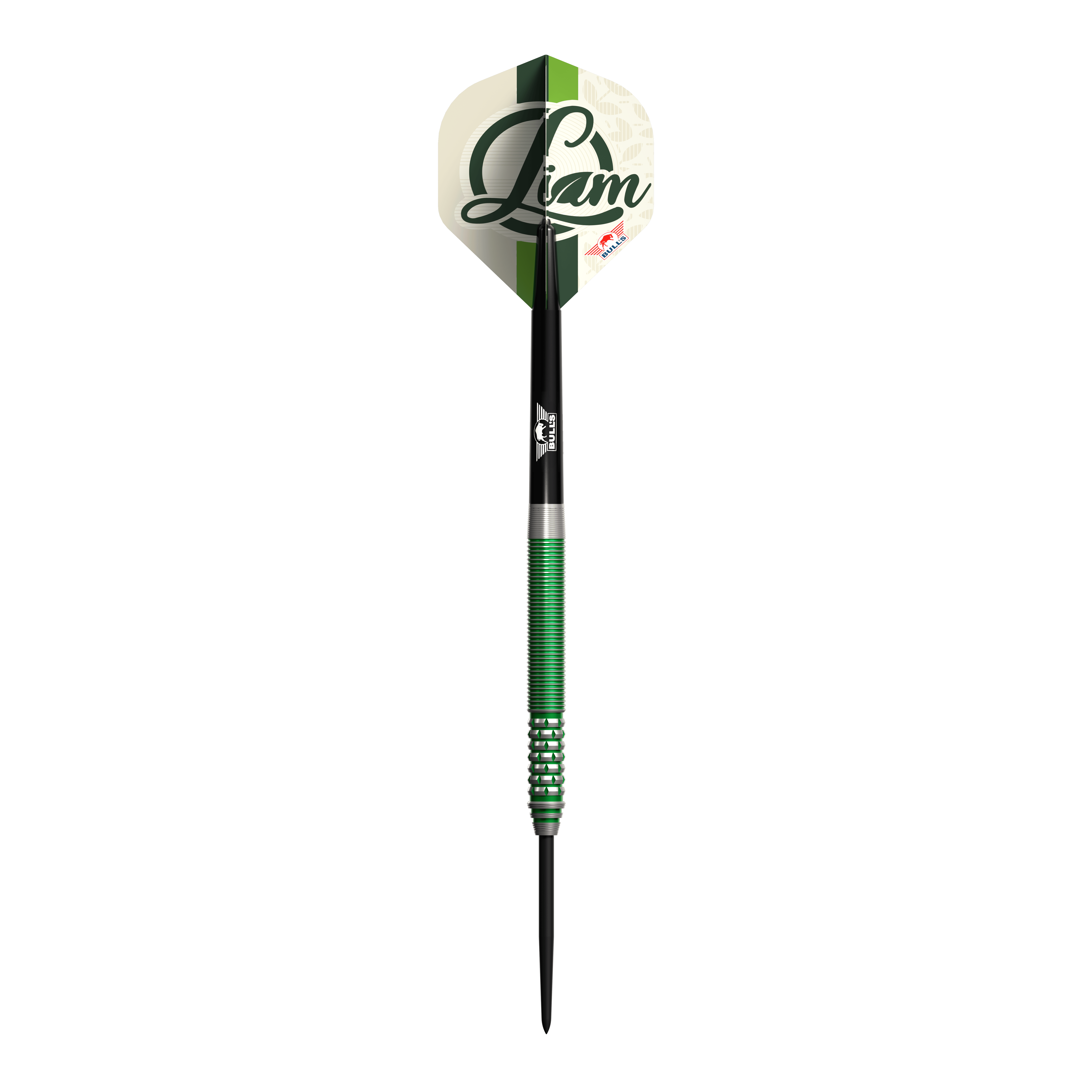 Bulls NL Liam Maendl Lawrance Steeldarts - 23g Auf dem Bild ist ein Steeldart mit grünen Akzenten und dem Namen "Liam" auf dem Flight zu sehen. Es handelt sich um das Produkt "Bulls NL Liam Maendl Lawrance Steeldarts - 23g".