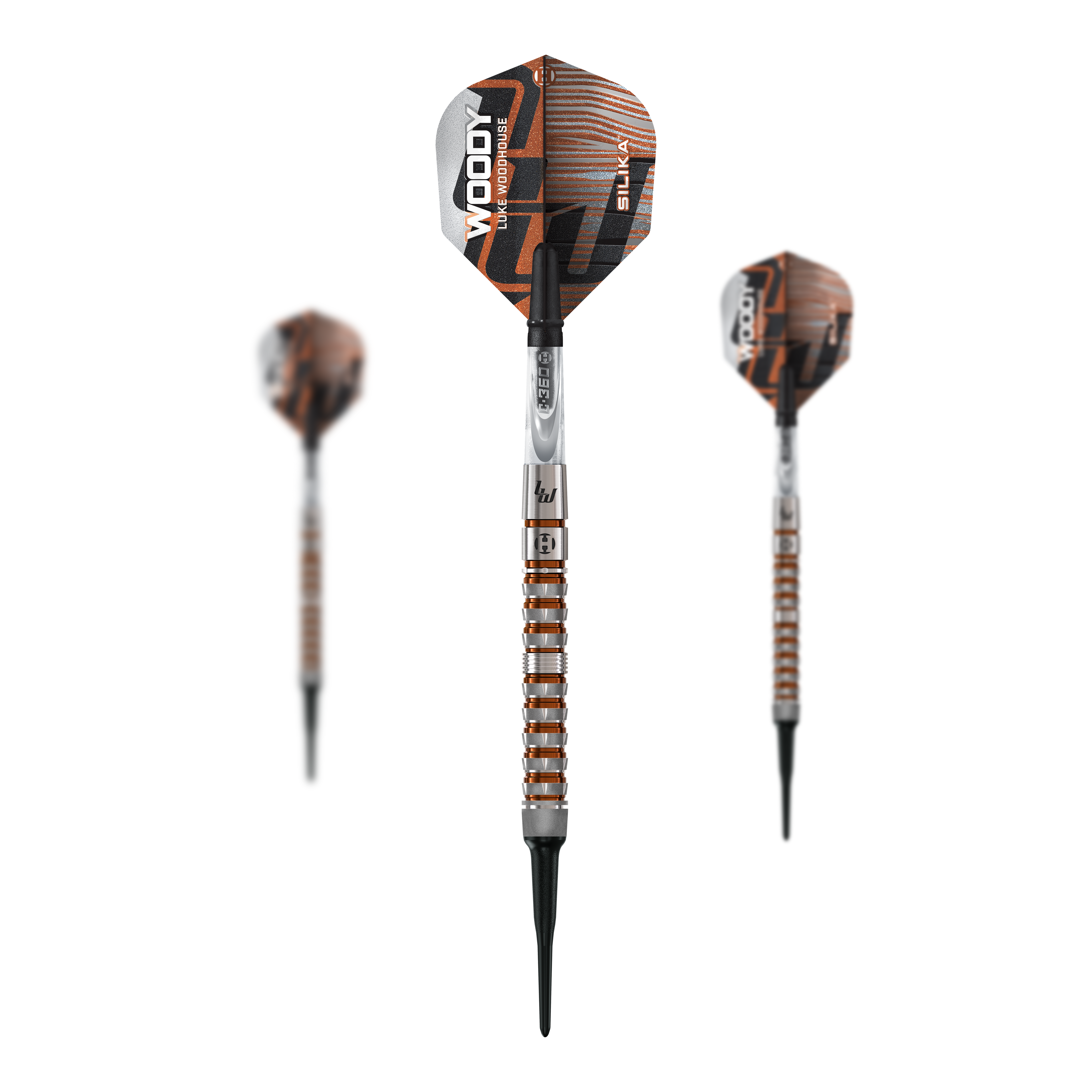 Die Abbildung zeigt die Harrows Luke Woodhouse Series 3 Softdarts mit einem Gewicht von 18g. Das Produkt ist für das Softdartspiel geeignet.