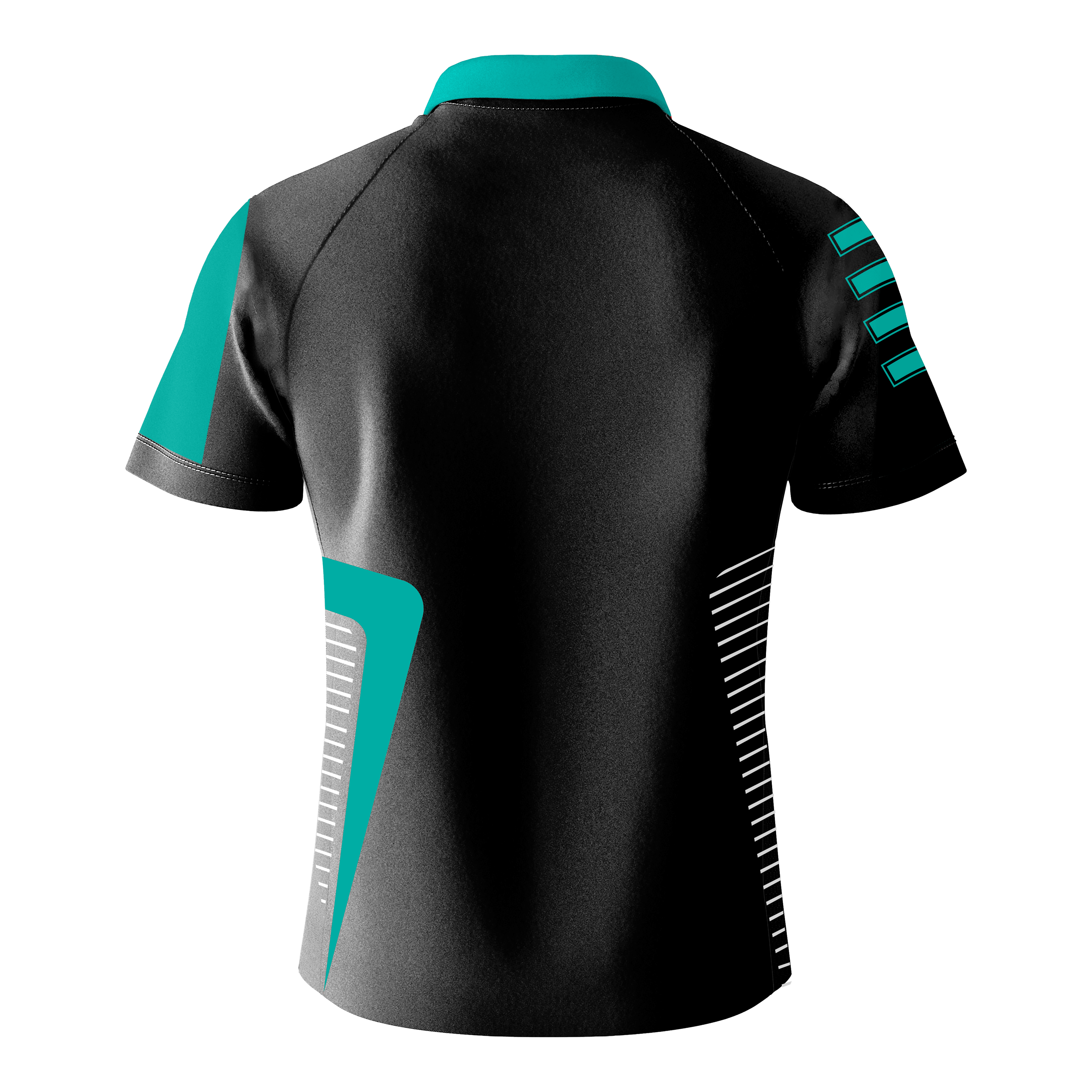 Bulls Team Dart Shirt - Mint Das Bild zeigt das "Bulls Team Dartshirt - Mint" von hinten. Das Shirt ist überwiegend schwarz mit mintfarbenen und weißen Akzenten.