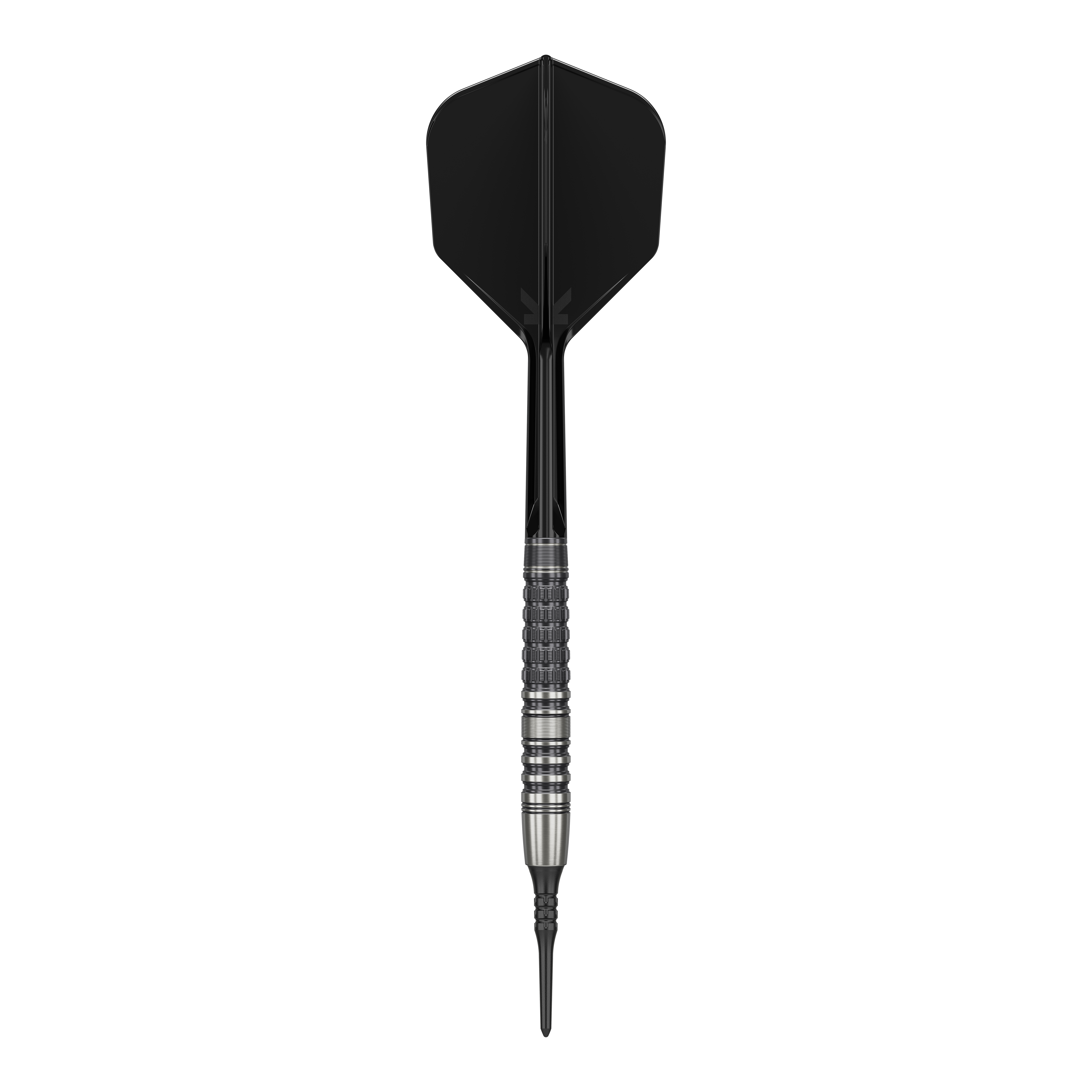 Target Japan Black Marque Lumiere GEN3 Soft Darts - 18.5g Das Bild zeigt einen Softdart mit schwarzer Spitze, schwarzem Shaft und Flight sowie einem silbernen, strukturierten Barrel. Es handelt sich um den "Target Japan Black Marque Lumiere GEN3 Softdarts - 18,5g".