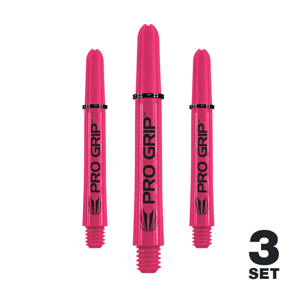 Target Pro Grip Shafts - 3 Sets - Pink Das Bild zeigt drei pinke Pro Grip Shafts für Darts. Unten rechts steht "3 Set" geschrieben.