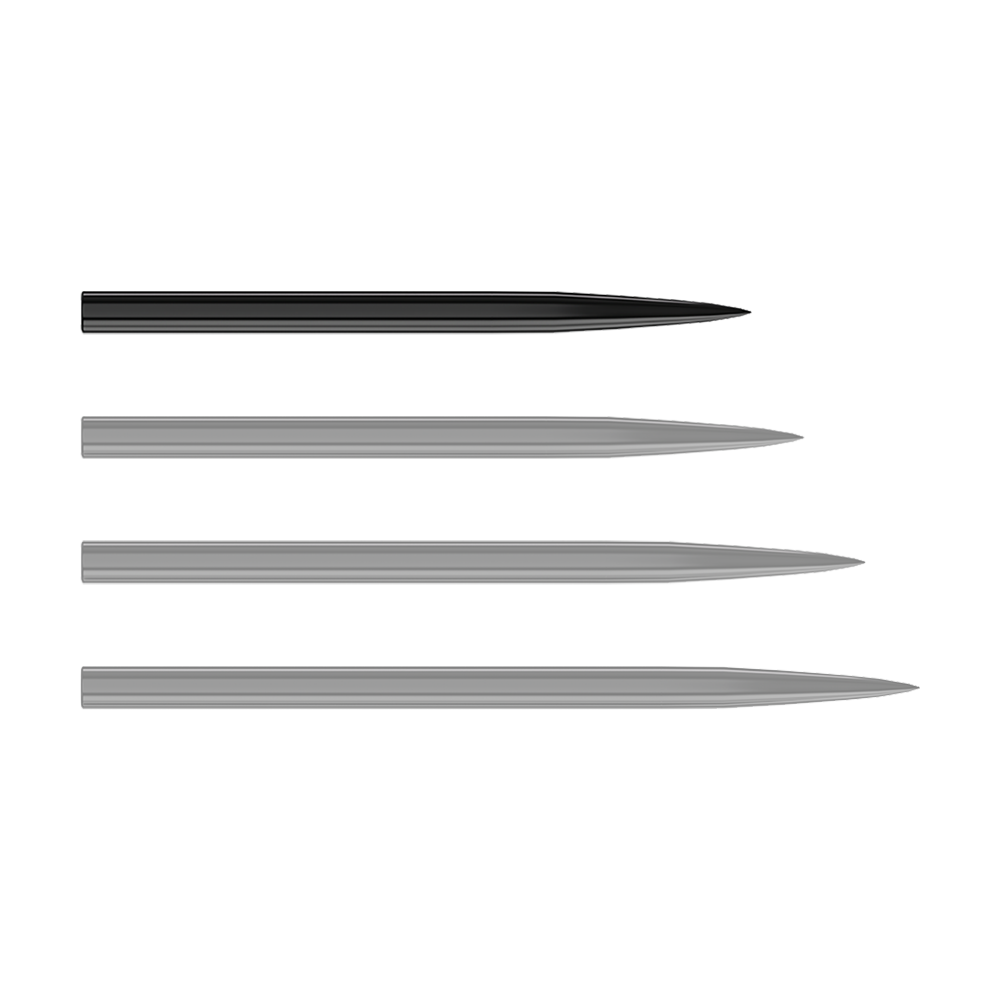 Harrows steel dart tips - black Auf dem Bild sind vier schwarze Steeldartspitzen zu sehen, die nebeneinander liegen. Sie sind schlank und jeweils an einem Ende spitz zulaufend.