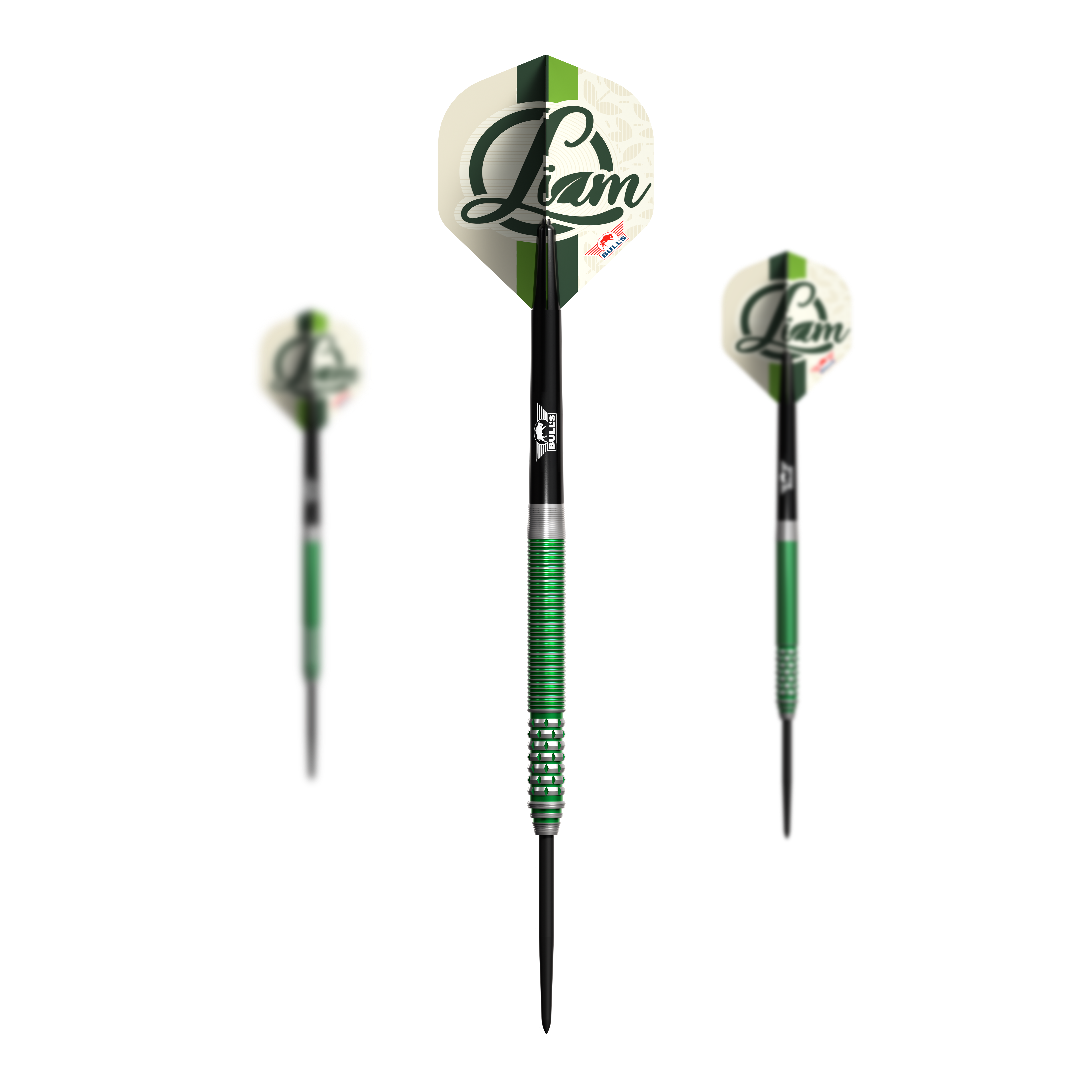 Bulls NL Liam Maendl Lawrance Steeldarts - 23g Das Bild zeigt drei Steeldarts des Modells "Bulls NL Liam Maendl Lawrance Steeldarts - 23g". Die Darts haben grüne Akzente und zeigen den Namen "Liam" auf den Flights.