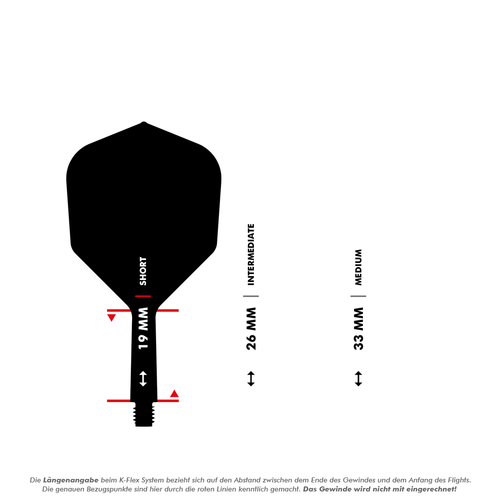 Target K-Flex No2 Standard Flight System - Blue Das Bild zeigt drei verschiedene Längen von Dart-Schäften: 19 mm (Short), 26 mm (Intermediate) und 33 mm (Medium). Die roten Linien markieren die Messpunkte zwischen dem Ende des Gewindes und dem Anfang des Flights.