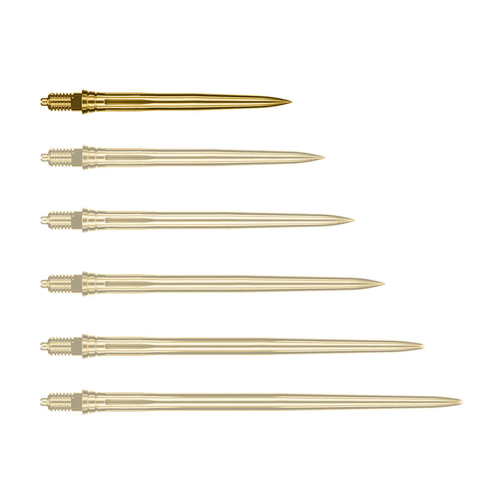 Caliburn EZ-EVO dart tips - Smooth - Gold Auf dem Bild ist eine einzelne goldene Dartspitze zu sehen, vermutlich 28mm lang. Es handelt sich um eine Caliburn EZ-EVO Dartspitze der Variante Smooth.