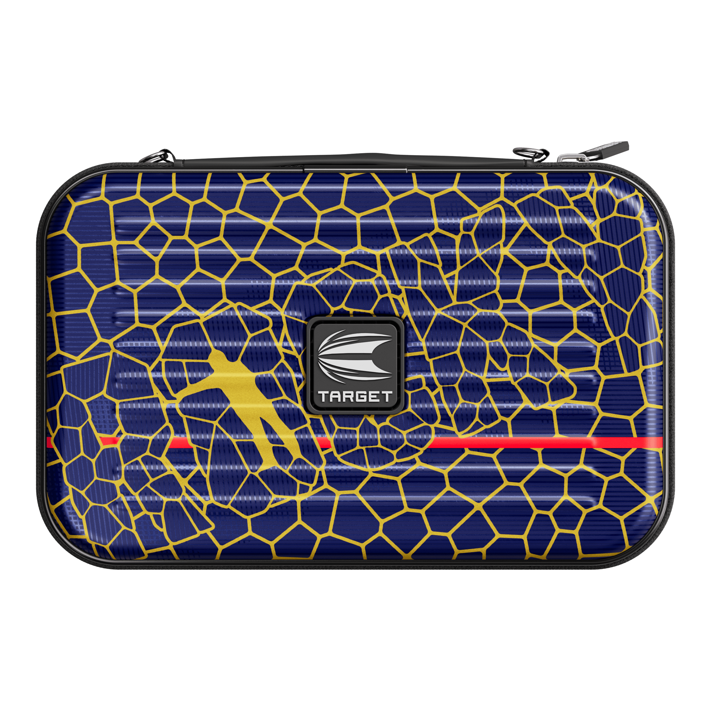 Target Takoma Josh Rock XL dart case Das Bild zeigt ein Dartcase mit dem Namen "Target Takoma Josh Rock XL Dartcase". Das Etui ist dunkelblau mit einem gelben Wabenmuster und hat in der Mitte ein Target-Logo.