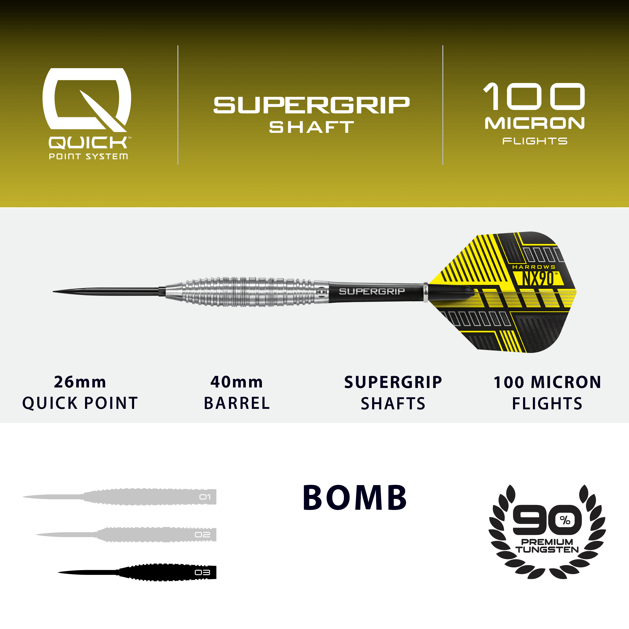 Harrows NX90 Bomb Quick Point Steel Darts Hier ist das Produkt Harrows NX90 Bomb Quick Point Steeldarts abgebildet. Die Darts werden für professionelle Spiele verwendet.