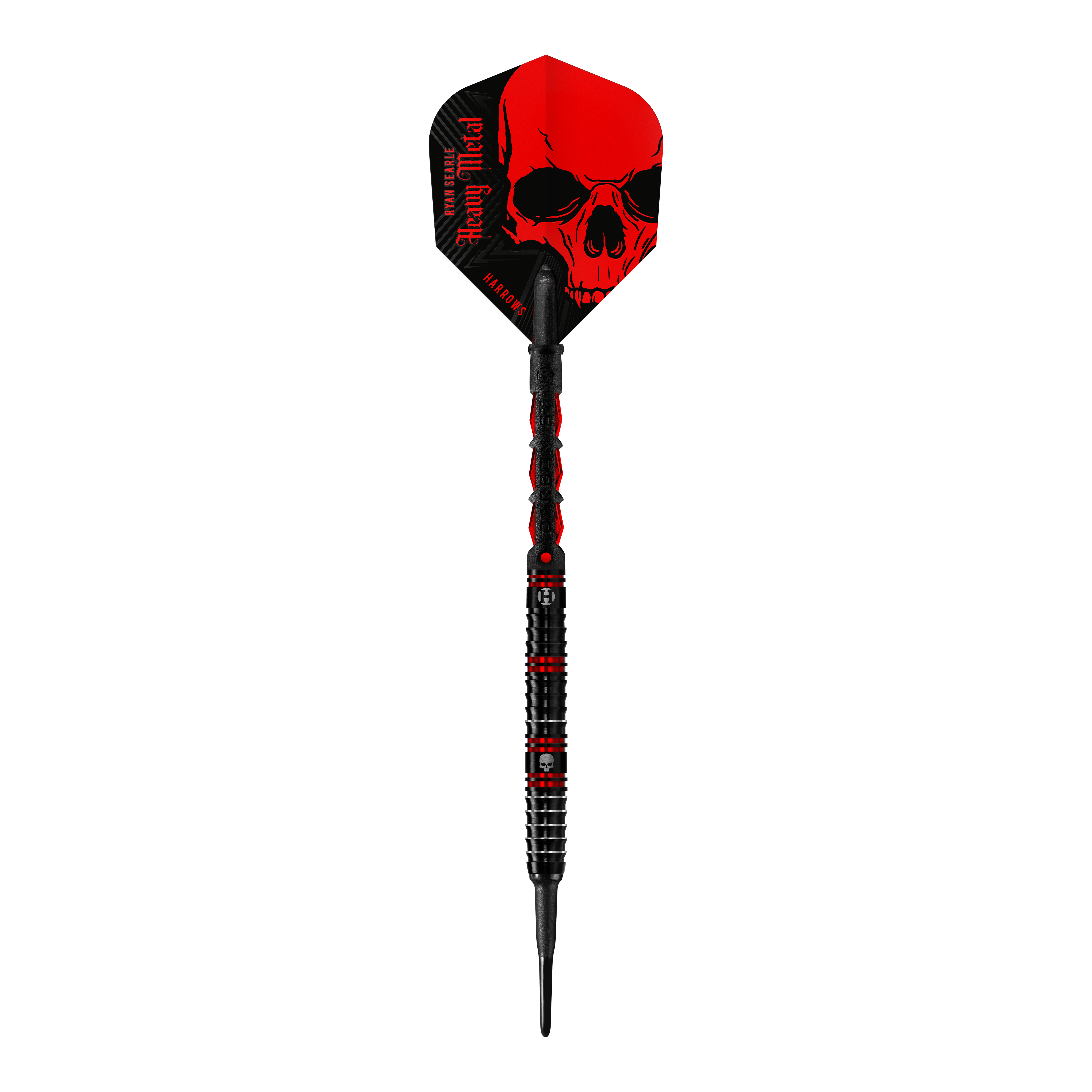 Harrow's Ryan Searle Heavy Metal Soft Darts Der abgebildete Dartpfeil ist der „Harrows Ryan Searle Heavy Metal Softdart“. Er hat ein auffälliges schwarzes Design mit roten Elementen und einem Totenkopf auf dem Flight.
