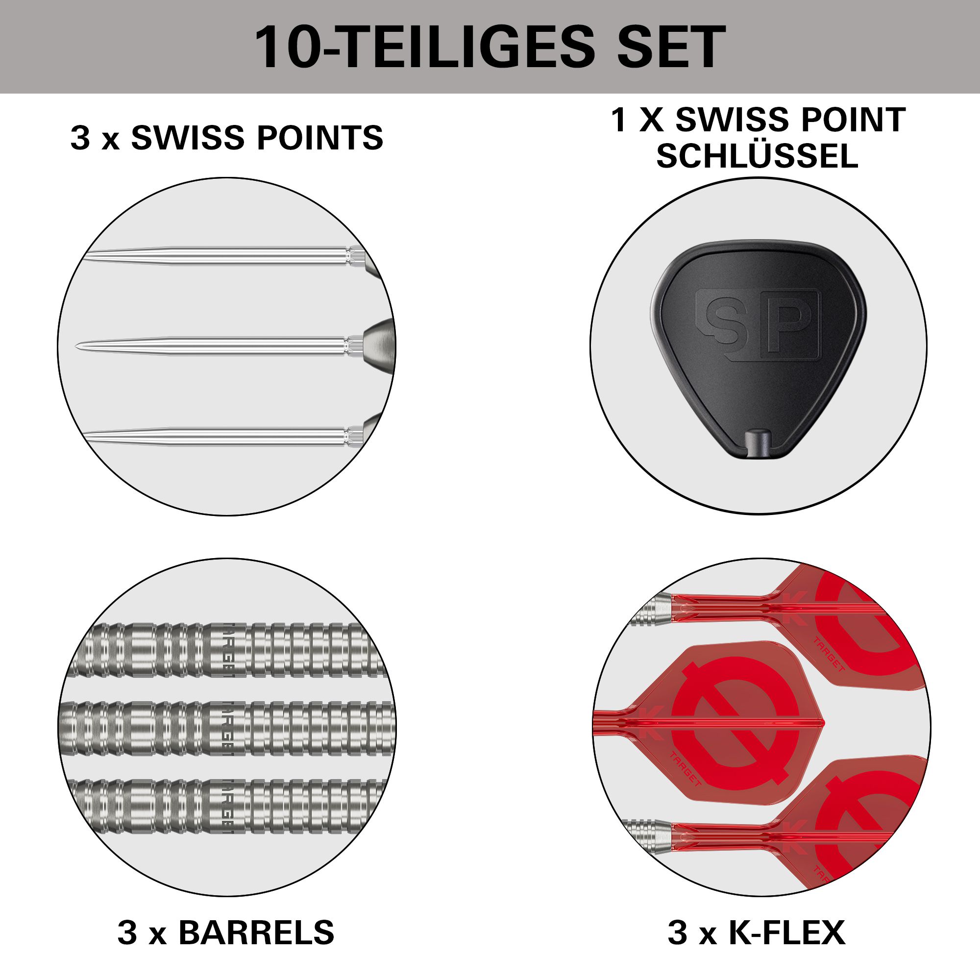 Target Group O 03 Swiss Points Steel Darts Das Bild präsentiert das Target Group O 03 Swiss Points Steeldarts Set. Die Darts sind aus einer anderen Perspektive zu sehen.